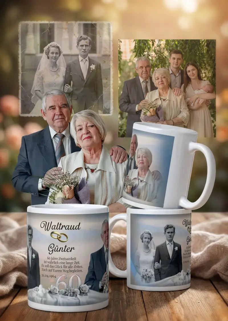 Altes Ehepaar vor Hochzeits- und Jubiläumsfoto, personalisierte Tassen zur Diamantenen Hochzeit.