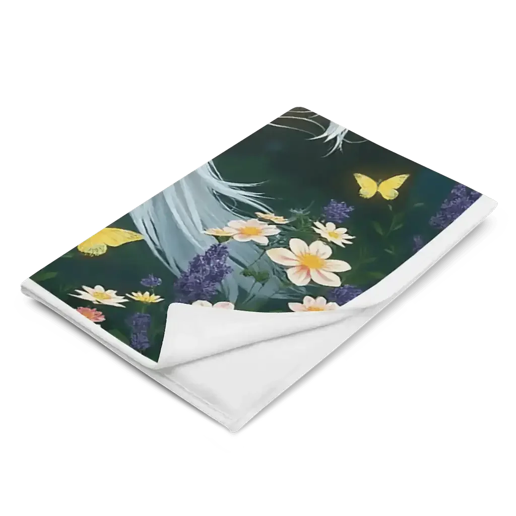 Gefaltete Decke mit Blumenmuster, gelben Schmetterlingen und weißen Blüten auf dunklem Hintergrund