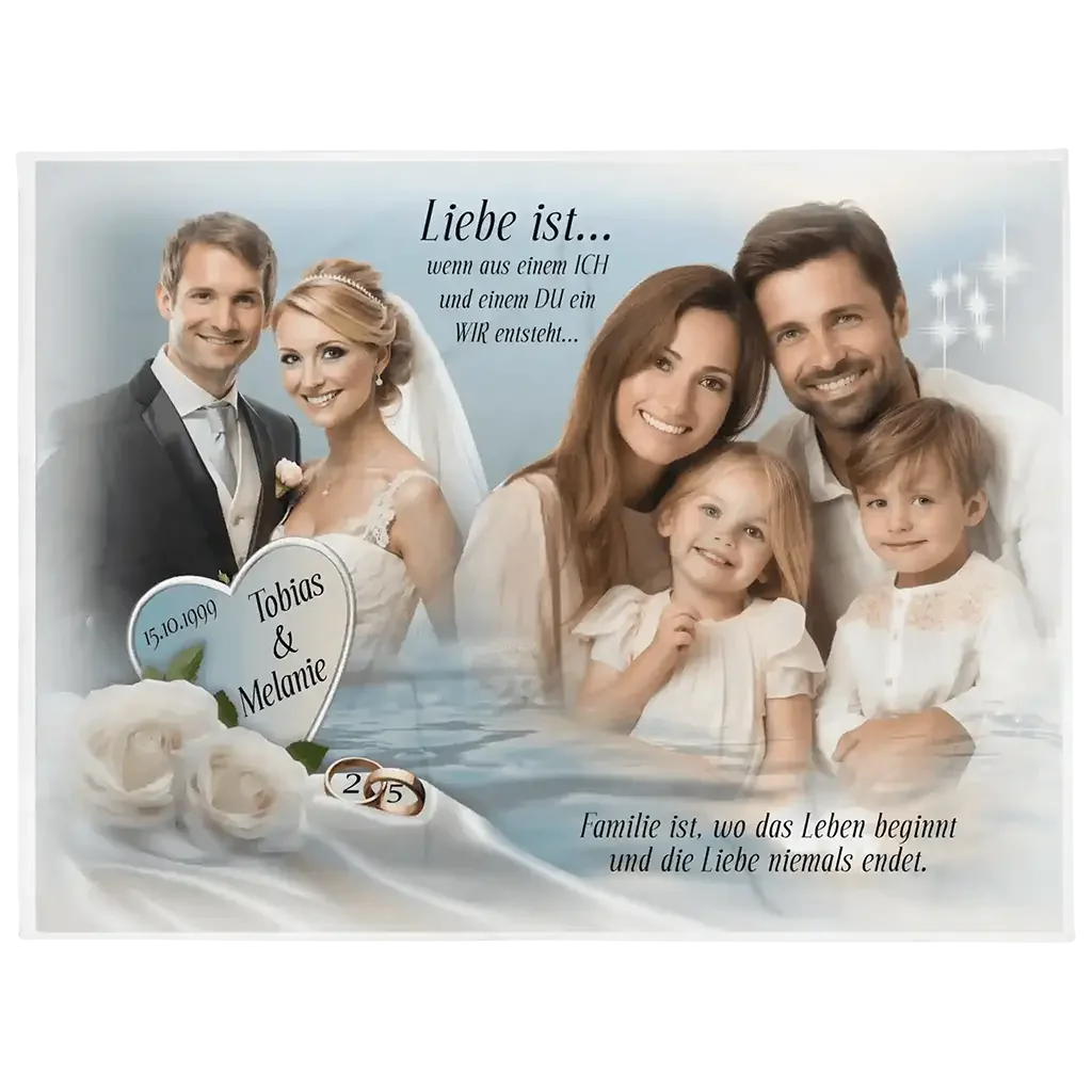 Personalisierbares Silberhochzeit Geschenk mit Brautpaar, Familie, weißen Rosen und Ringen