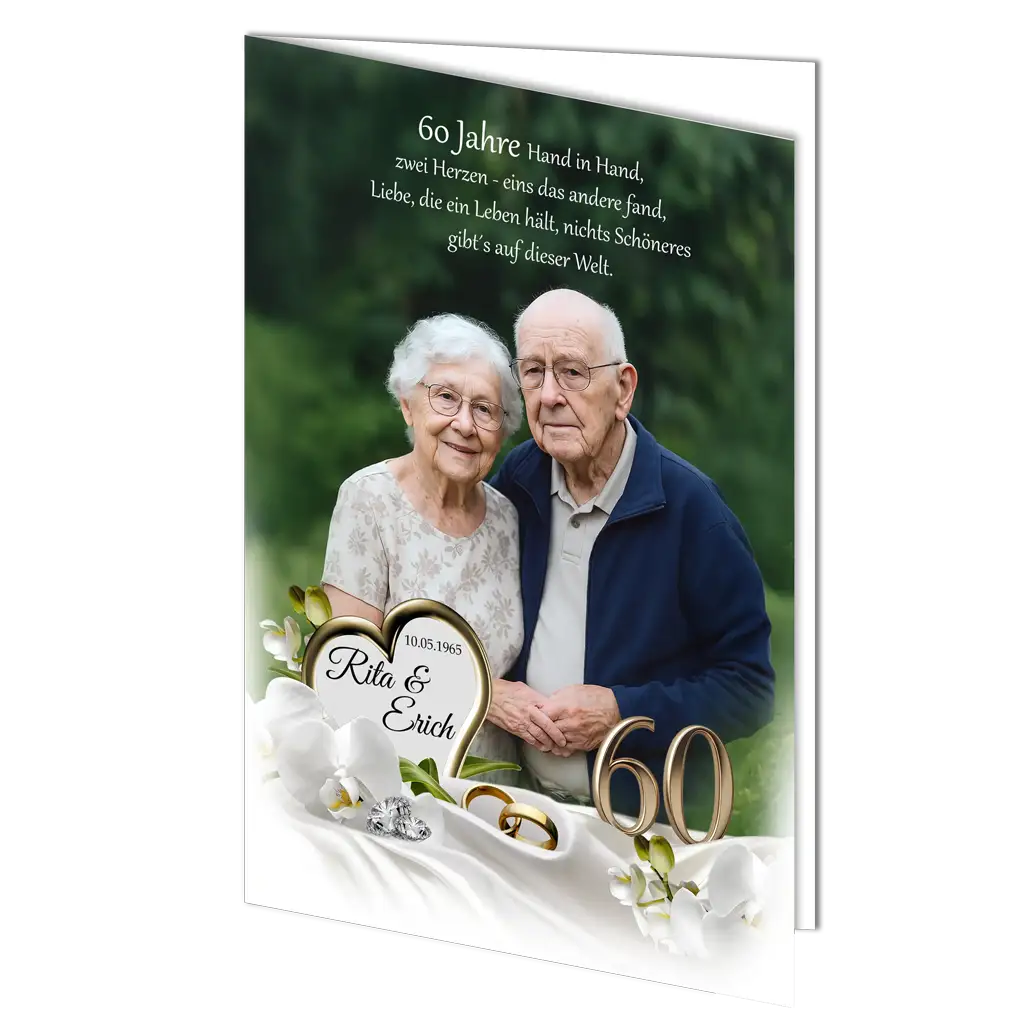 elegante Klappkarte zur Diamanthochzeit mit Blumenornamenten
