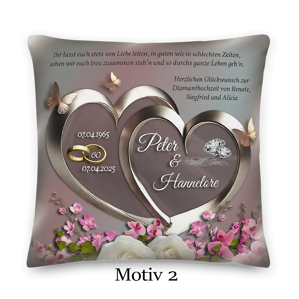 Diamanthochzeit Kissen mit silbernen Herzen, Blumen, Ringen, Diamant und Schmetterlingen