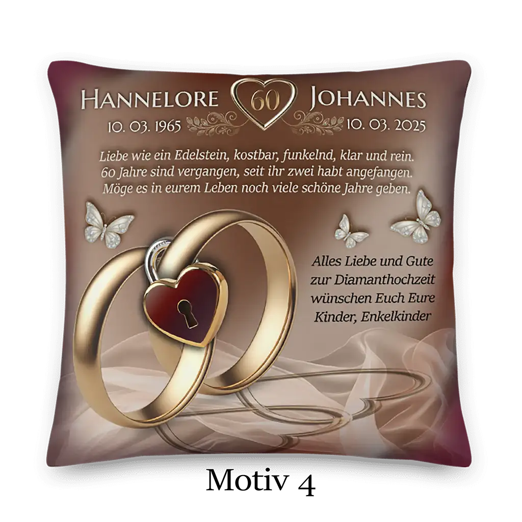 Kissen zur Diamanthochzeit mit goldenen Ringen, Herzanhänger und Schmetterlingen, 60 Jahre Jubiläum