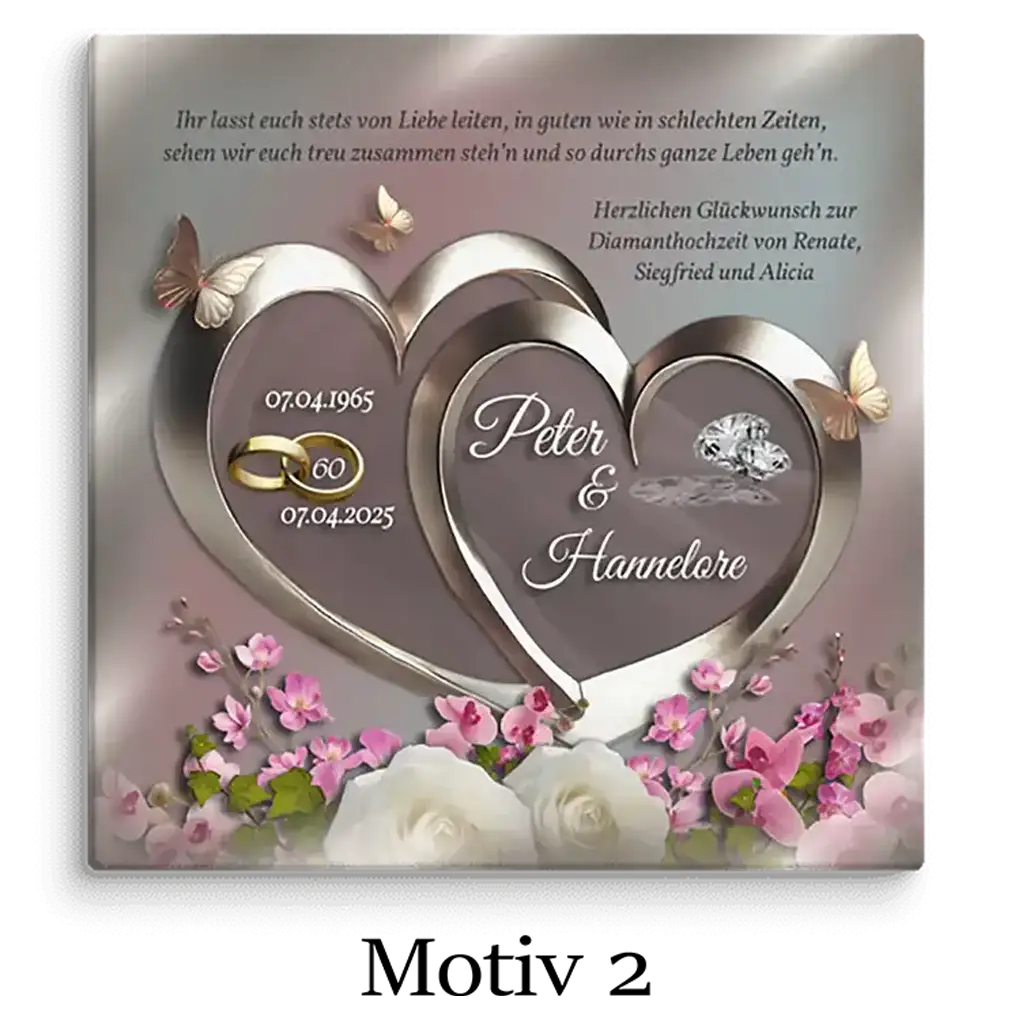 Leinwand Diamanthochzeit Motiv 2 mit Herzen, Blumen, Ringen und Schmetterlingen