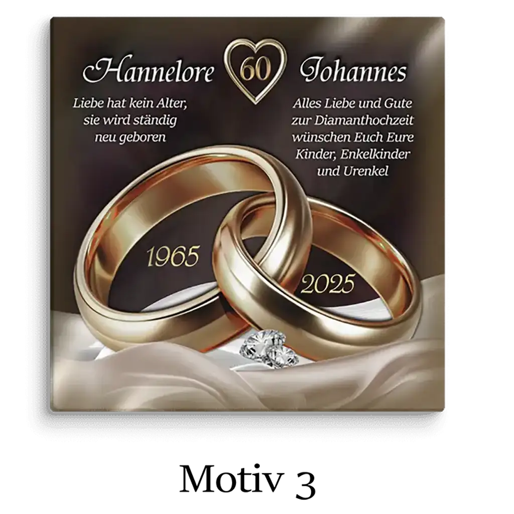 Diamanthochzeit Leinwand mit goldenen Ringen, Diamanten und Gravur der Jahre 1965–2025