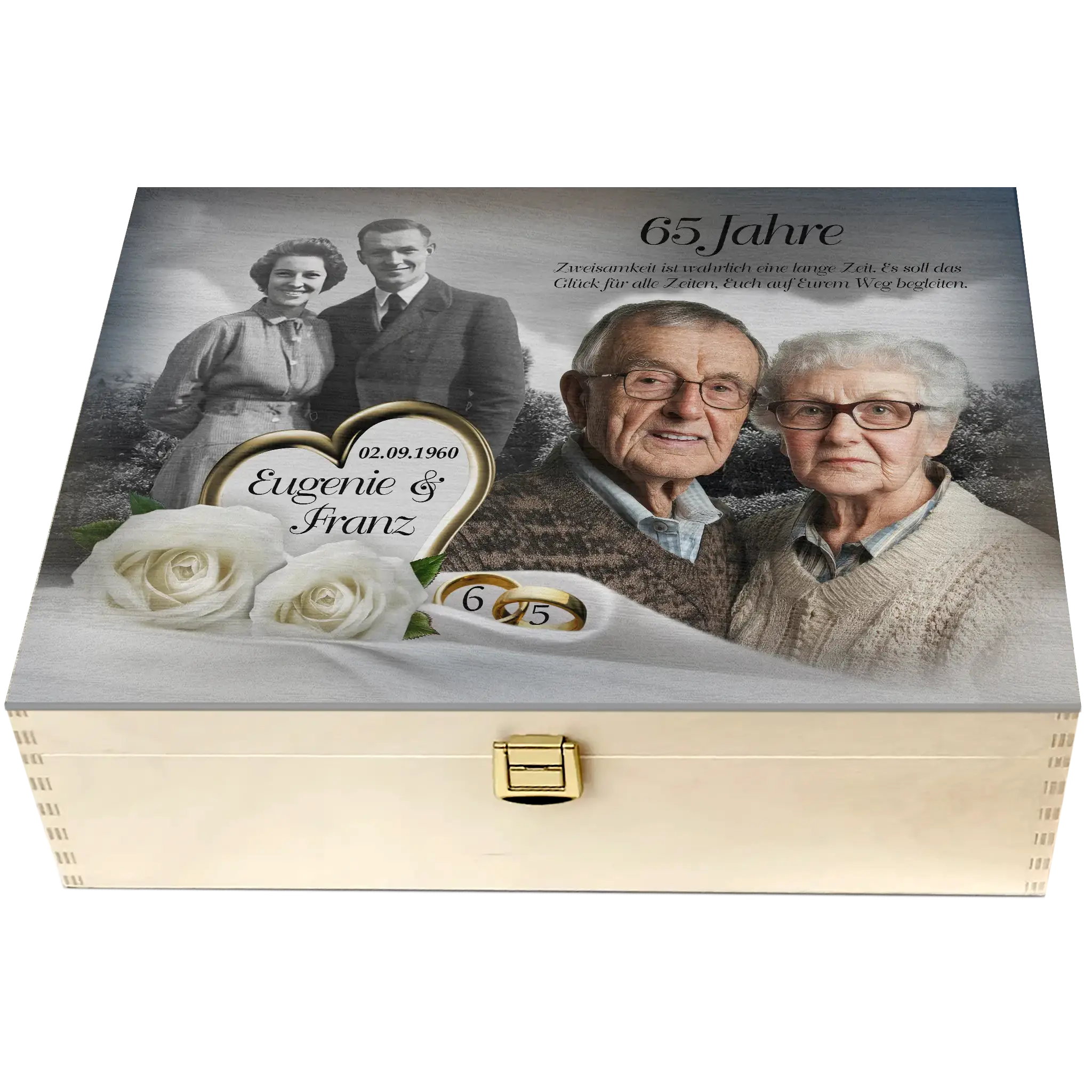 Holzbox mit Namen und Foto zur Eisernen Hochzeit