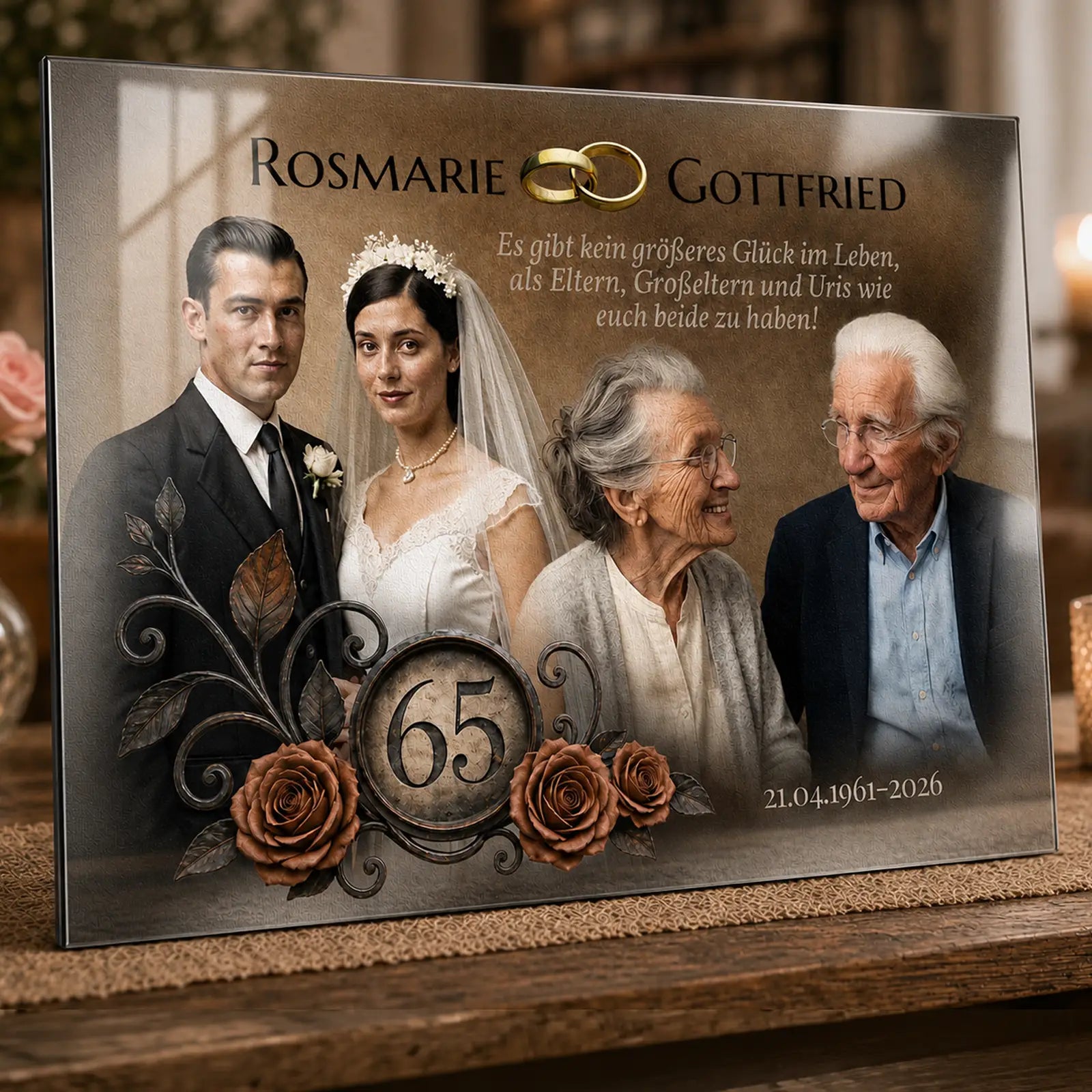 Personalisiertes Fotogeschenk zur 65. Hochzeit mit Brautpaar und älterem Paar, Rosen und goldenen Ringen