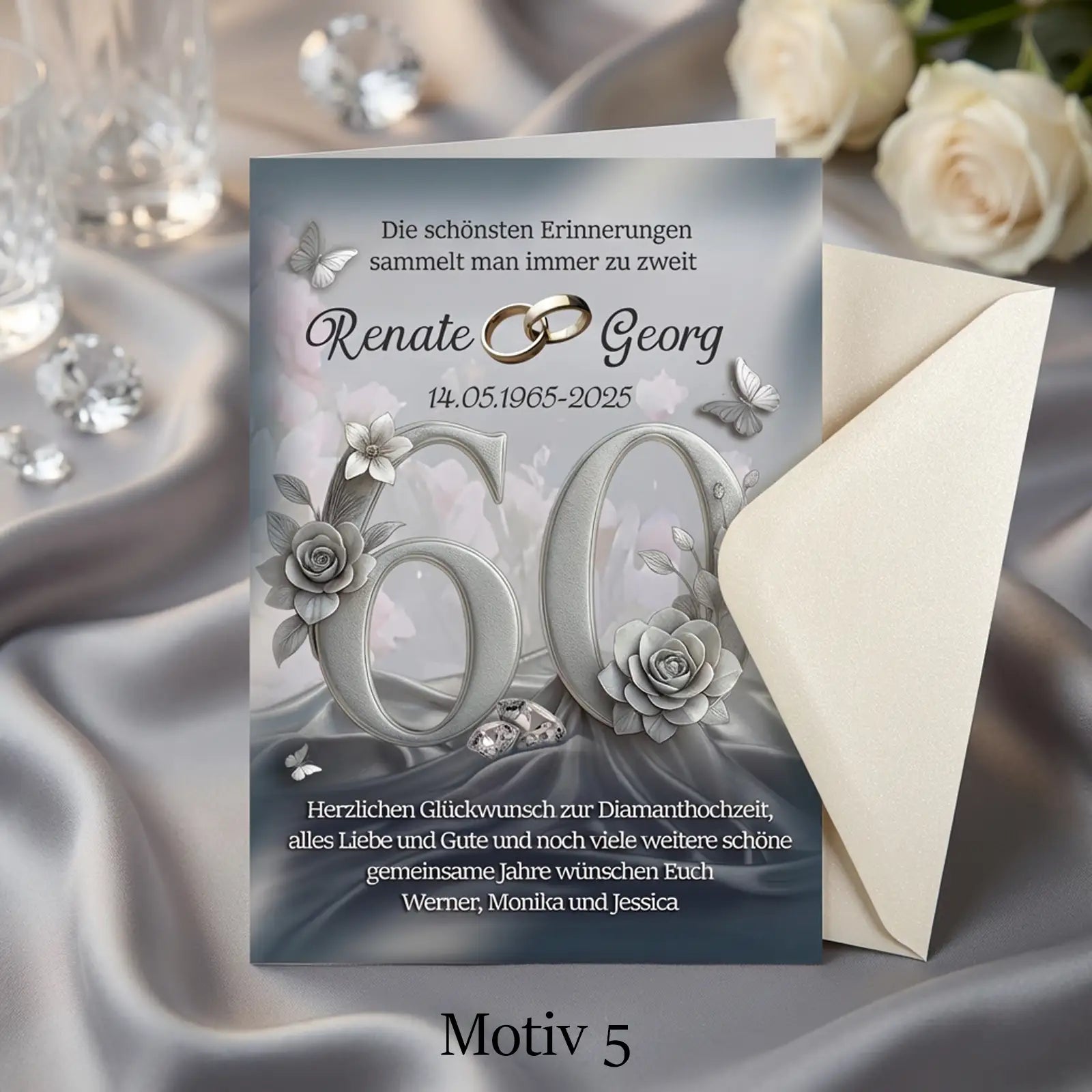 Personalisierte Karte zur Diamant Hochzeit mit floraler Gestaltung und eleganten Herzen. Exklusives Geschenk zum 60. Hochzeitstag.