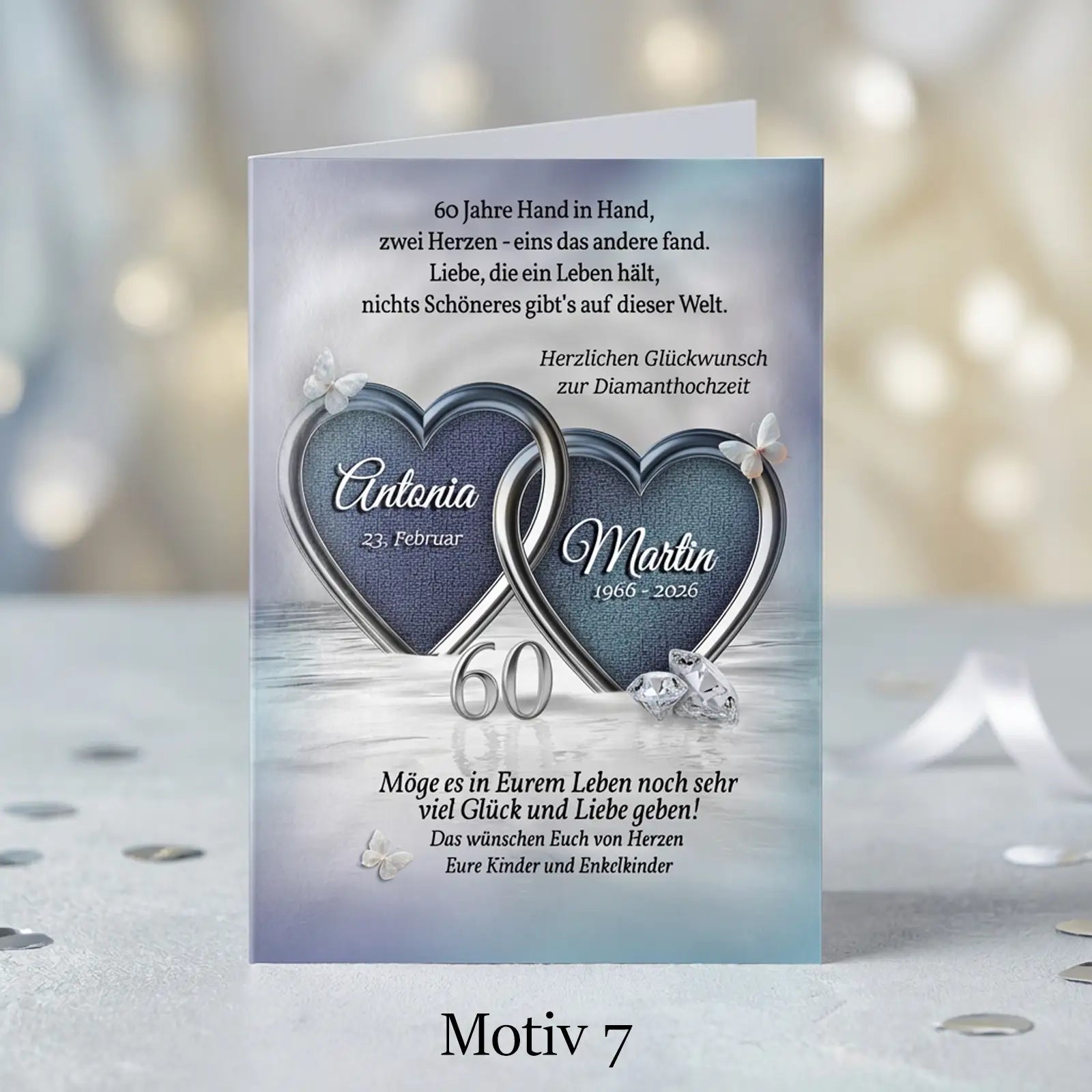 Exklusives Geschenk zum 60. Hochzeitstag. Personalisierte Karte zur Diamanthochzeit mit zwei Herzen.