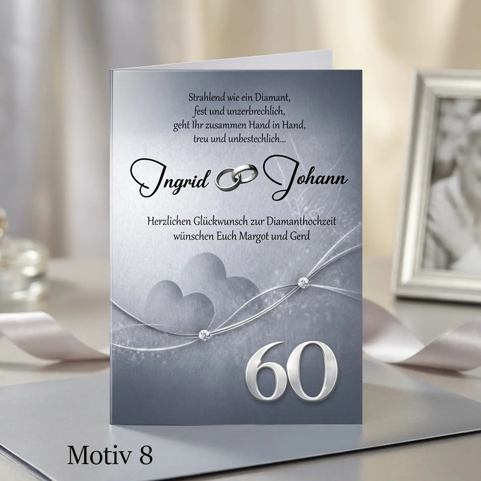 Exklusives Geschenk zum 60. Hochzeitstag. Personalisierte Glückwunschkarte zur Diamanthochzeit mit silbernem Herzmotiv und dezenter 60-Gestaltung
