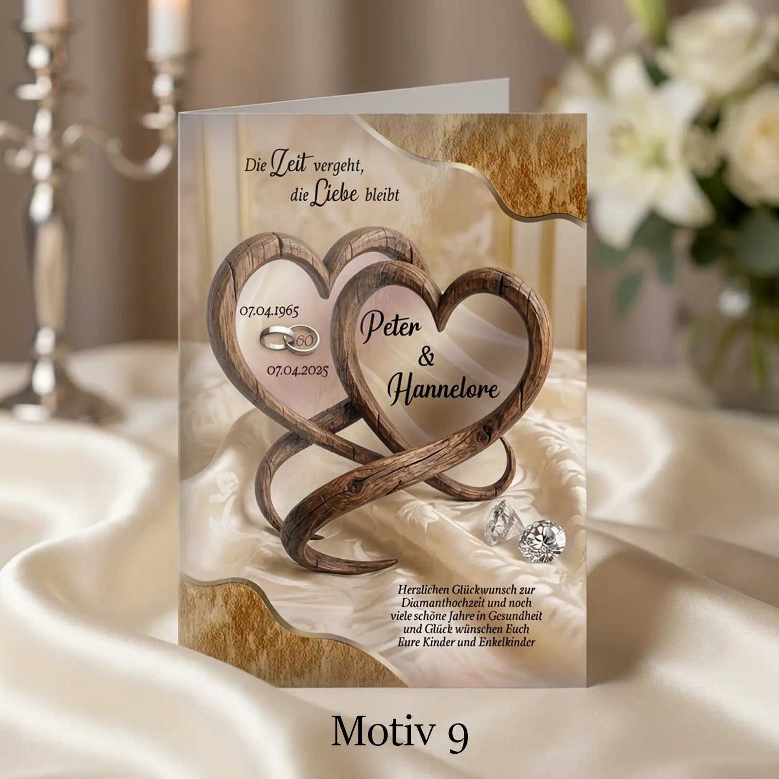 Personalisierte Glückwunschkarte zur Diamanthochzeit im rustikalen Stil mit ineinander verschlungenen Herzen. Exklusives Geschenk zum 60. Hochzeitstag.