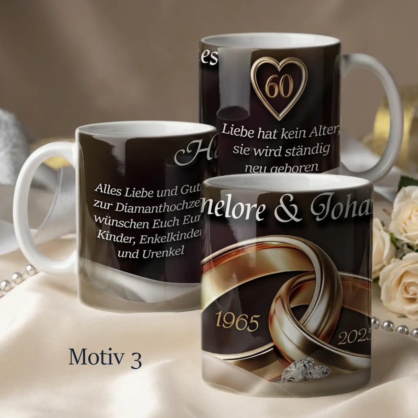 Personalisiertes Geschenk zur Diamantenen Hochzeit. Tasse mit Namen und Hochzeitstdaum. Exklusives Premiumgeschenk zum 60. Hochzeitstag