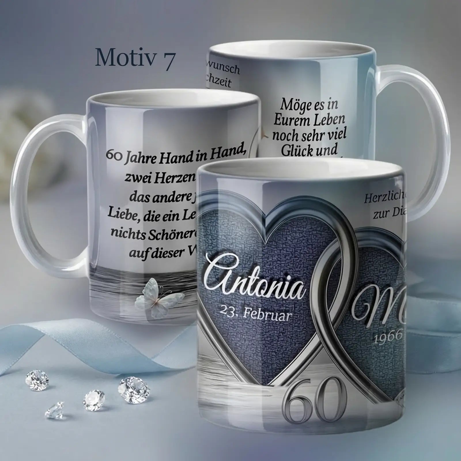 Einzigartiges Geschenk zur Diamanthochzeit. Personalisierte Tasse mit Namen, Datum und Spruch zum 60. Hochzeitstag