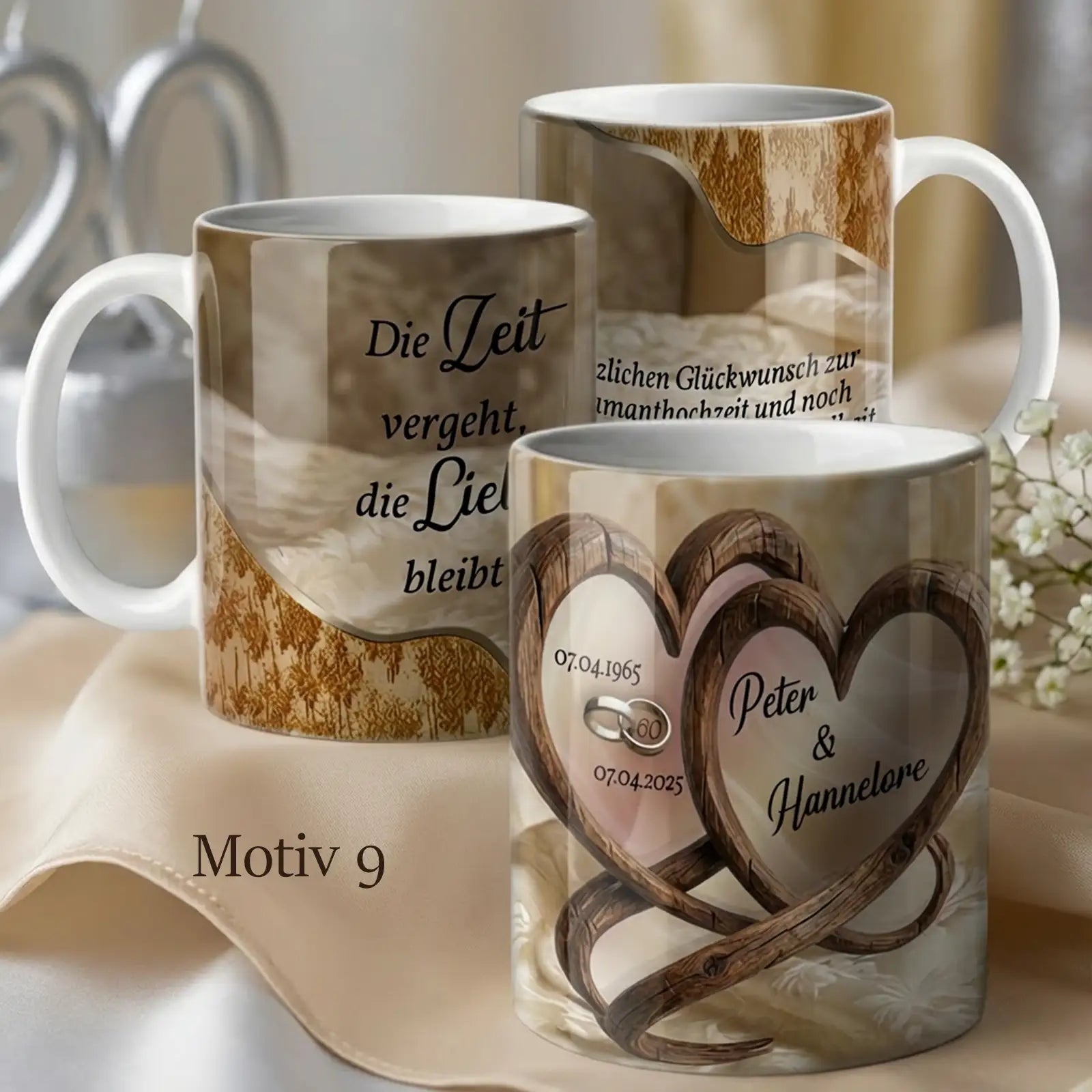 Besonderes Geschenk zur Diamanthochzeit. Individuelle Tasse mit Namen, Datum und Spruch zum 60. Hochzeitstag