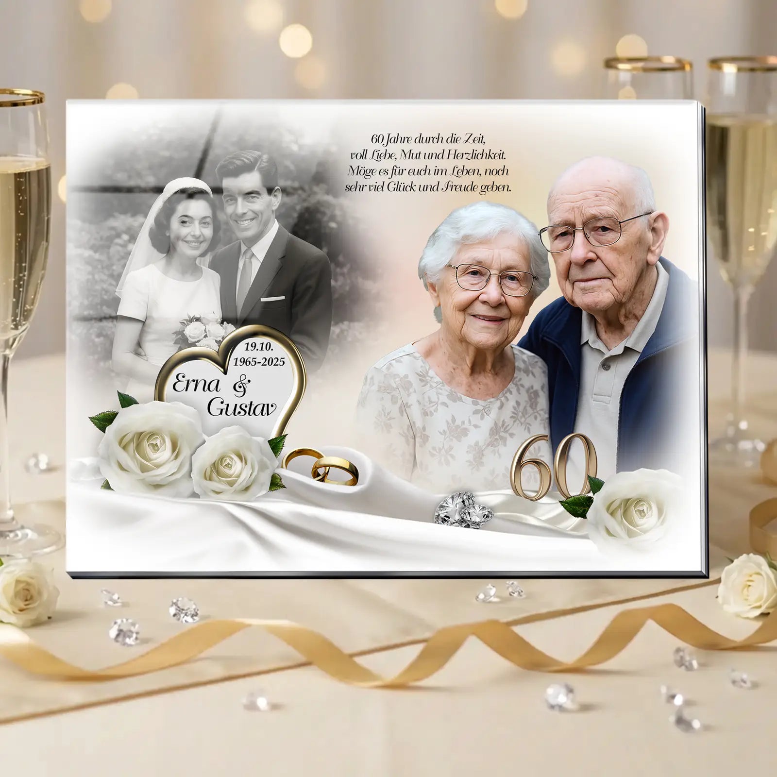 Personalisiertes Acrylglas zur Diamantenen Hochzeit mit Fotomontage eines Ehepaares von früher und heute, Namen Erna und Gustav, Hochzeitsdatum, goldener Zahl 60, Rosen, Eheringen und festlicher Tischdekoration als Geschenk zum 60. Hochzeitstag