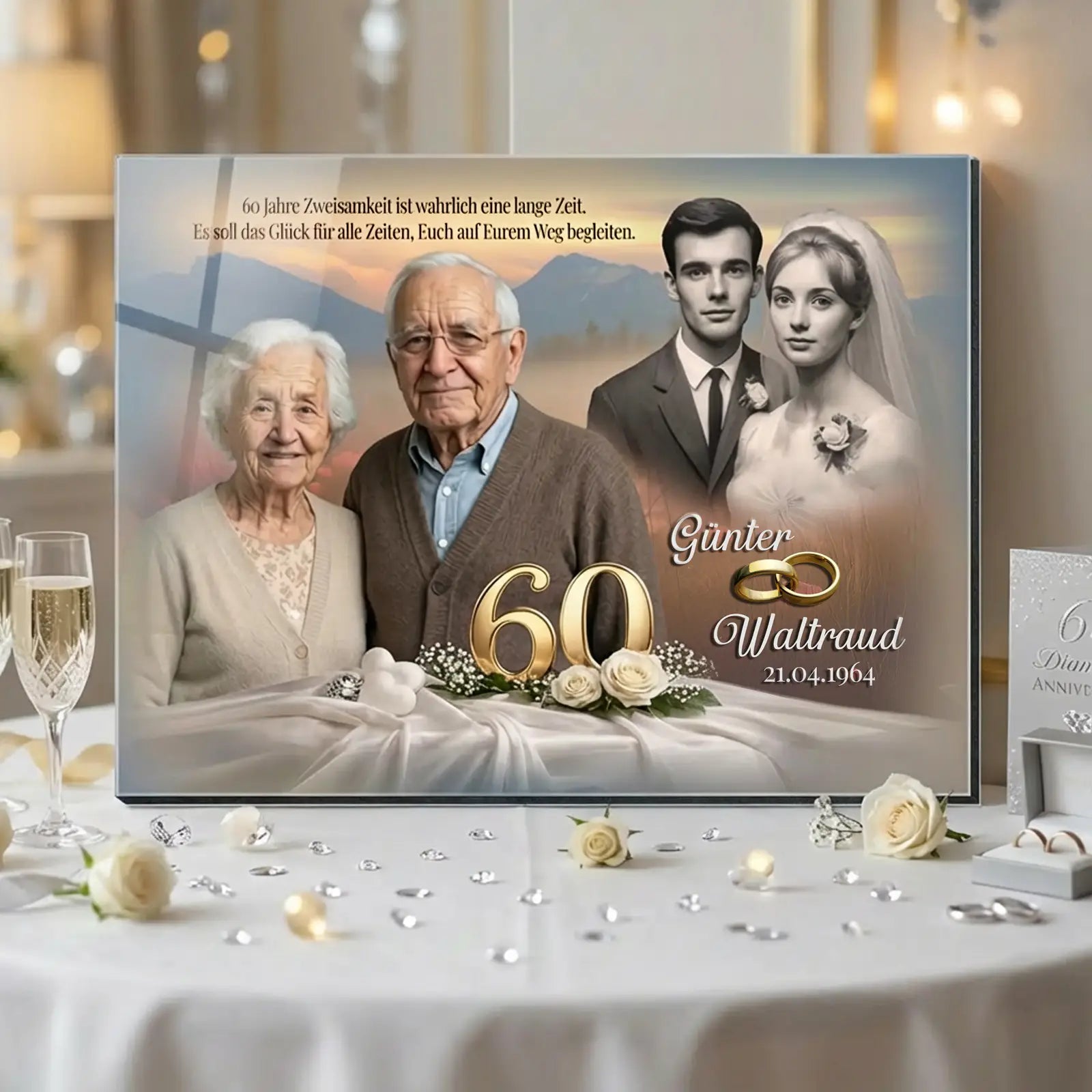 Personalisiertes Acrylglas als Geschenk zur Diamantenen Hochzeit. Einzigartiges Premiumeschenk mit Foto zum 60. Hochzeitstag.