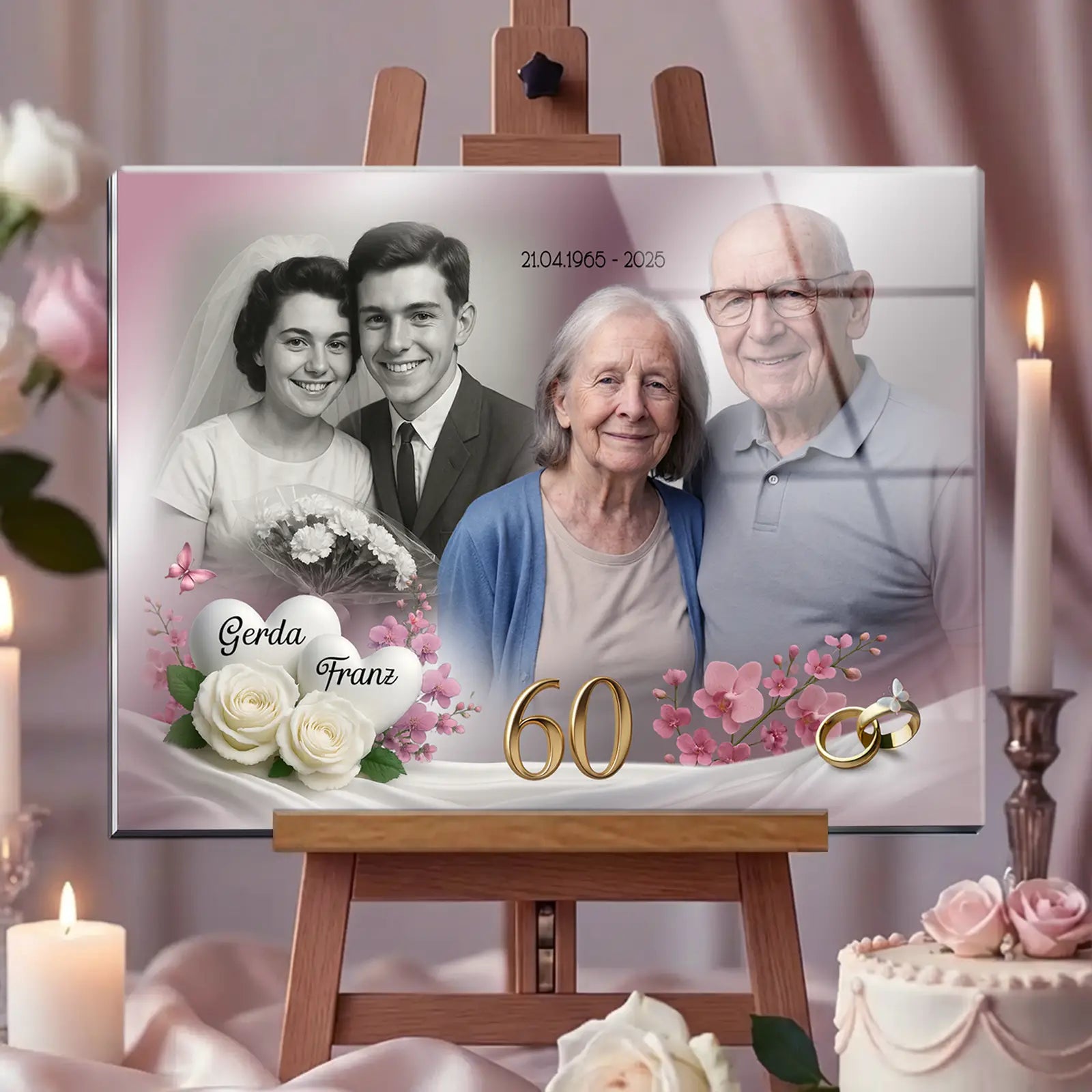 Personalisiertes Acrylglas als Geschenk zur Diamantenen Hochzeit. Einzigartiges Geschenk mit Foto zum 60. Hochzeitstag.