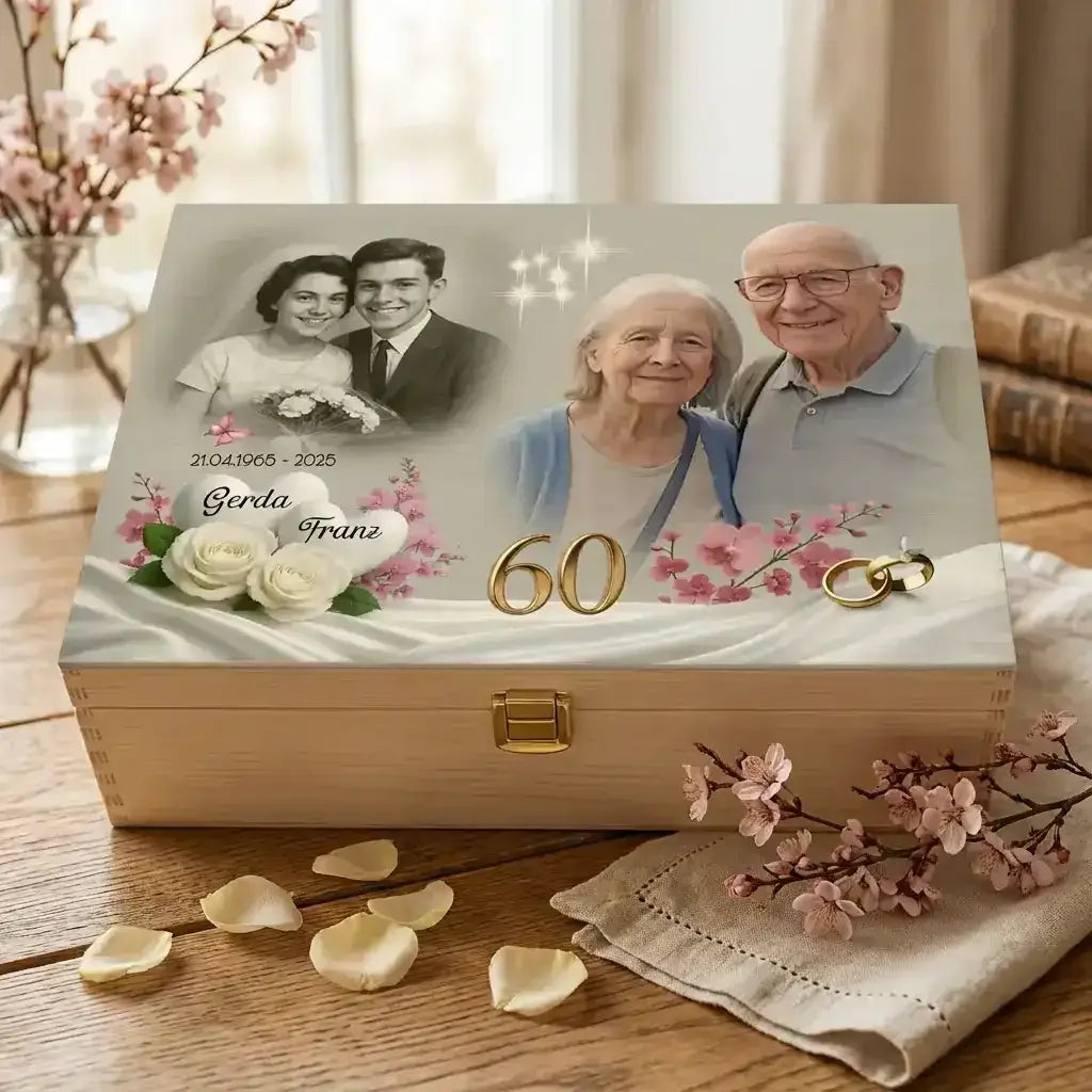 Diese liebevoll gestaltete Holzbox mit Foto ist ein personalisiertes Geschenk zum Hochzeitstag mit Namen und individuellen Elementen.