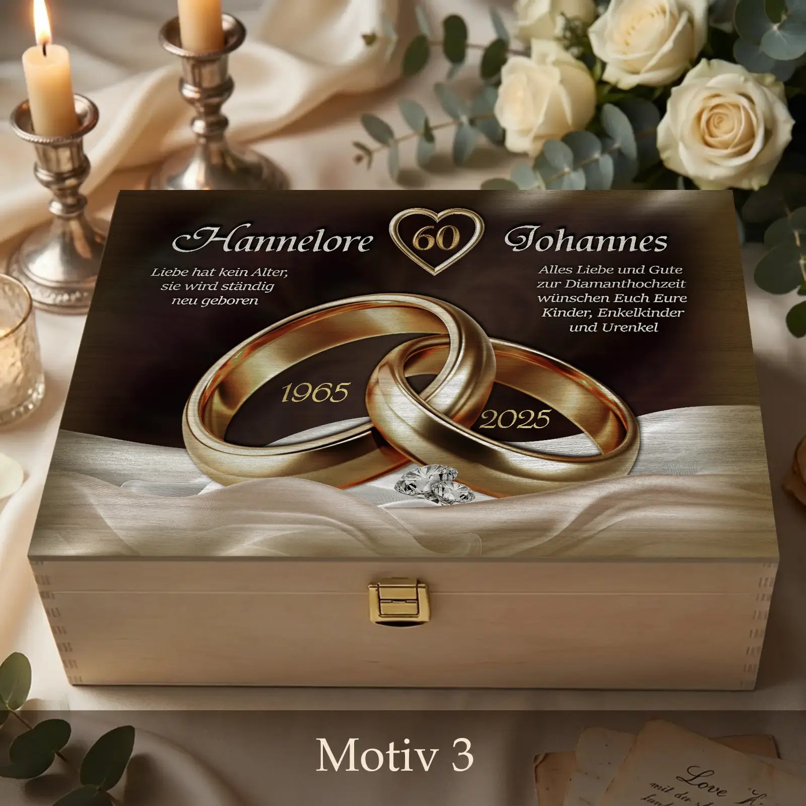 Geschenk zur Diamanthochzeit mit goldenen Ringen, Gravur und dekorativem Stoff. Einzigartige Holzbox zum 60. Hochzeitstag.