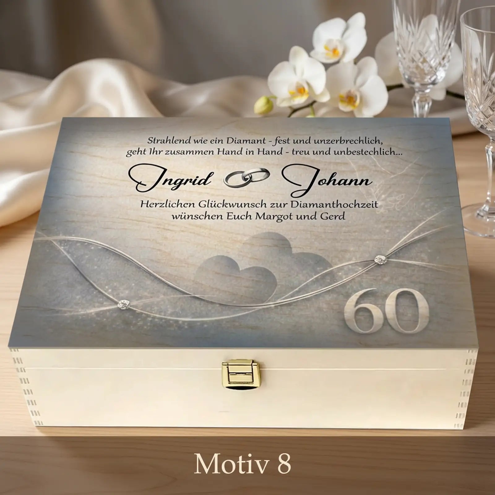 Personalisierte Holzbox - Geschenk zur Diamantenen Hochzeit mit Namen Ingrid und Johann, Exklusives Geschenk zum 60. Hochzeitstag.