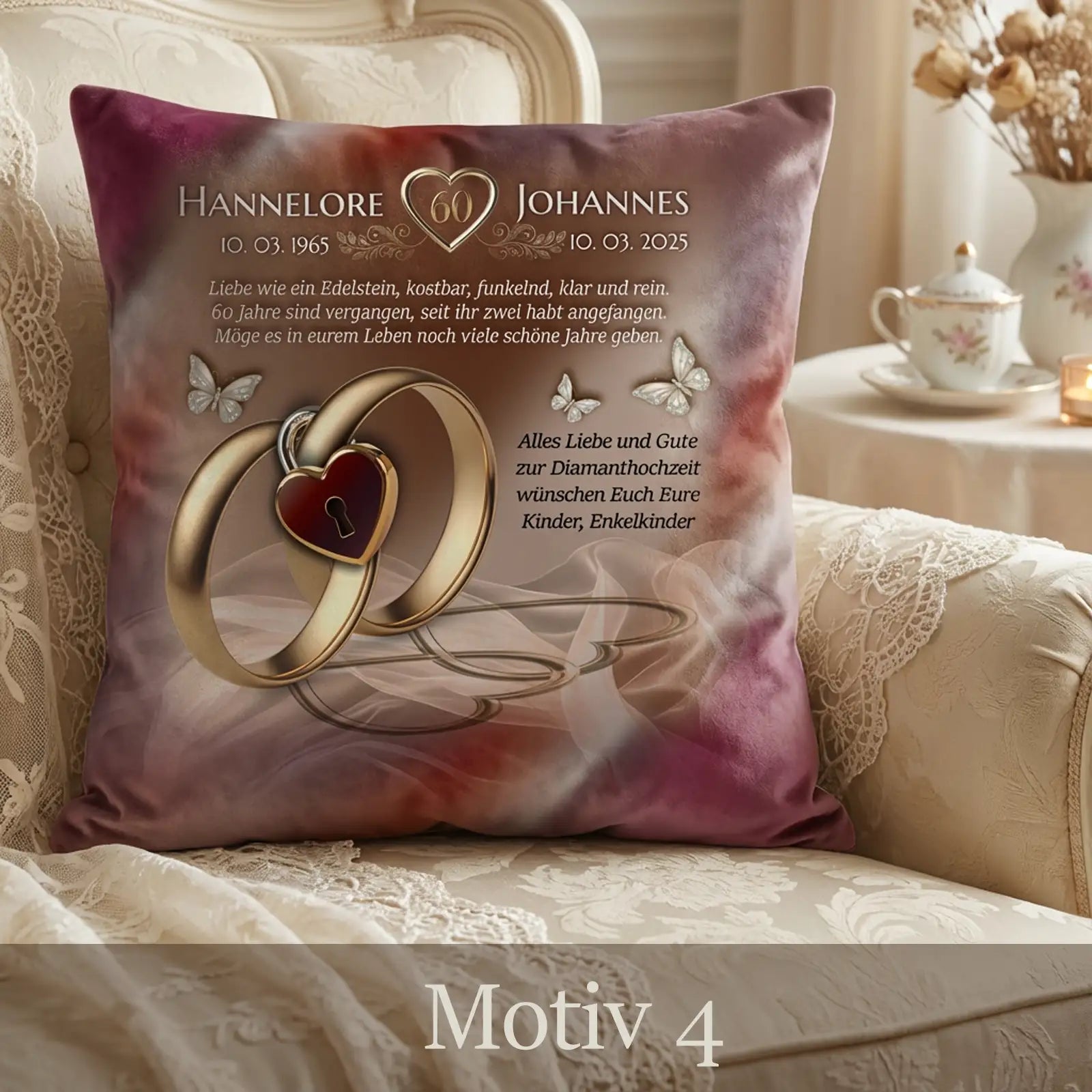 Geschenk zur diamantenen Hochzeit. Personalisiertes Kissen mit verschiedenen Designs und individueller Beschriftung.
