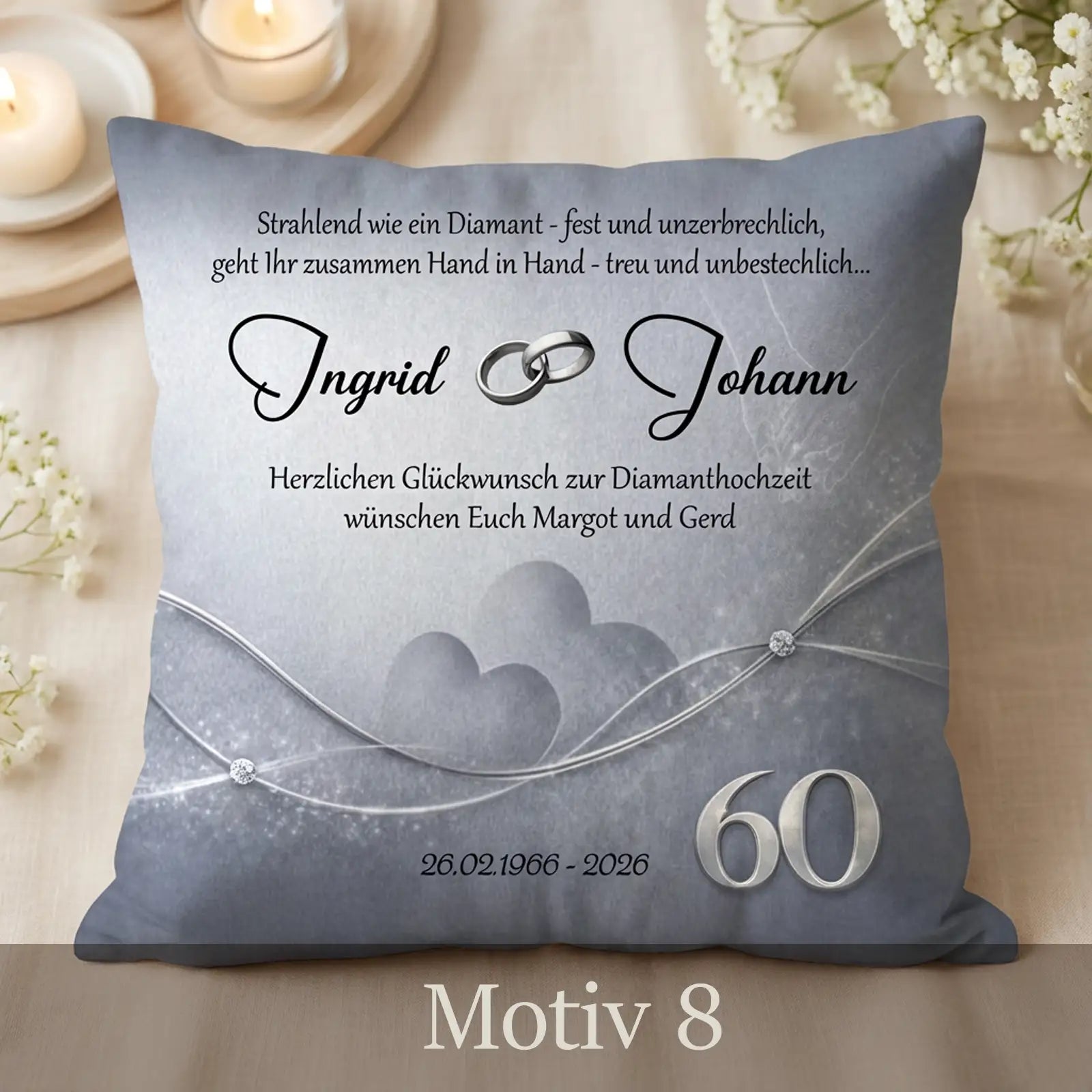 Personalisiertes Geschenk zur Diamanthochzeit. Bedrucktes Kissen mit individuellem Motiv sowie Namen und Datum. Exklusives Geschenk zum 60. Hochzeitstag.