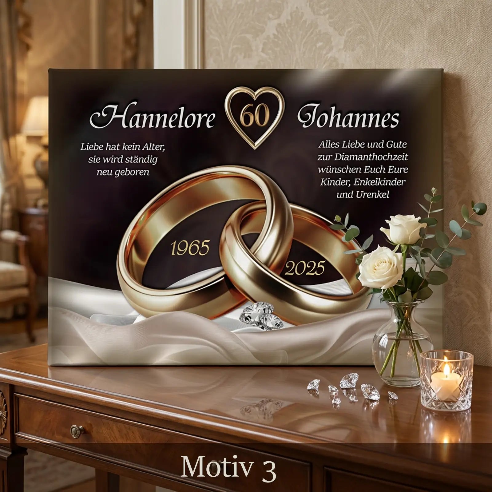 Personalisierte Leinwand zur Diamantenen Hochzeit mit goldenen Ringen, Namen Hannelore und Johannes, 60 Jahre Ehe in edlem Design. Thematisch zum 60. Hochzeitstag.