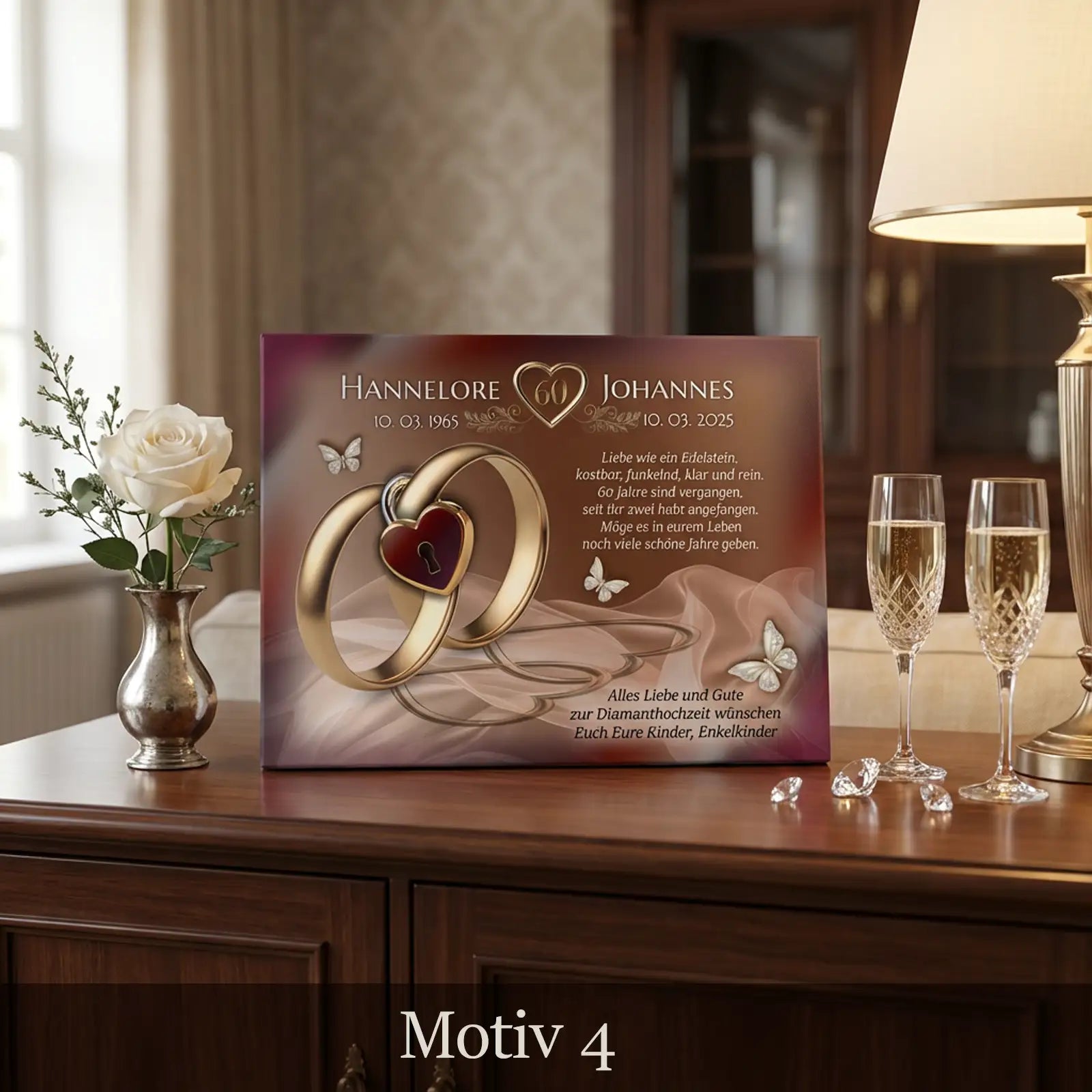 Personalisierte Leinwand zur Diamanthochzeit mit goldenen Ringen und Herzmotiv, Namen Hannelore und Johannes, ideales Geschenk zum 60. Hochzeitstag.