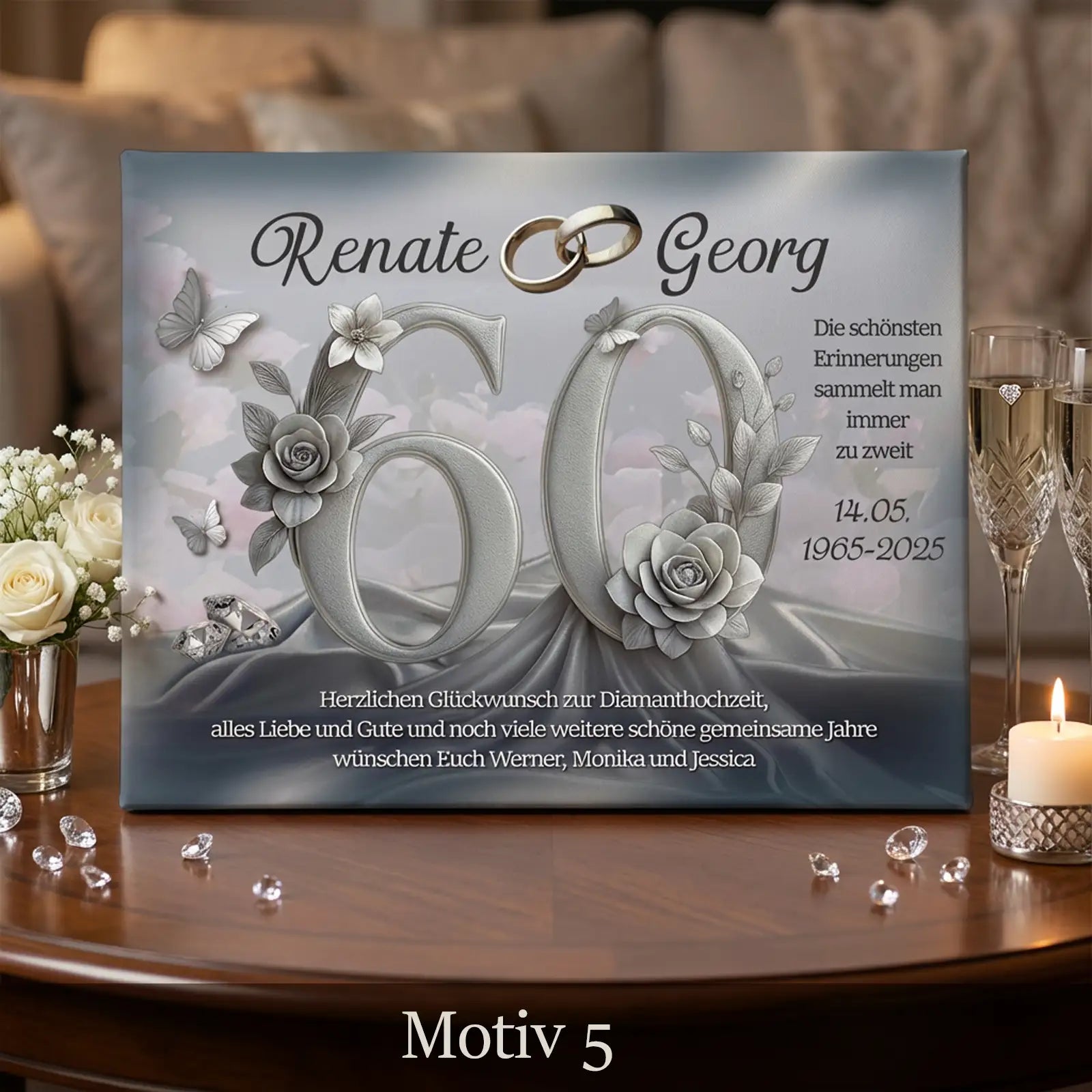 Personalisierte Leinwand zur Diamantenen Hochzeit mit floraler Gestaltung, Namen Renate und Georg, 60 Jahre Ehe in edlem Stil. Persönliches Geschenk zum 60. Hochzeitstag.