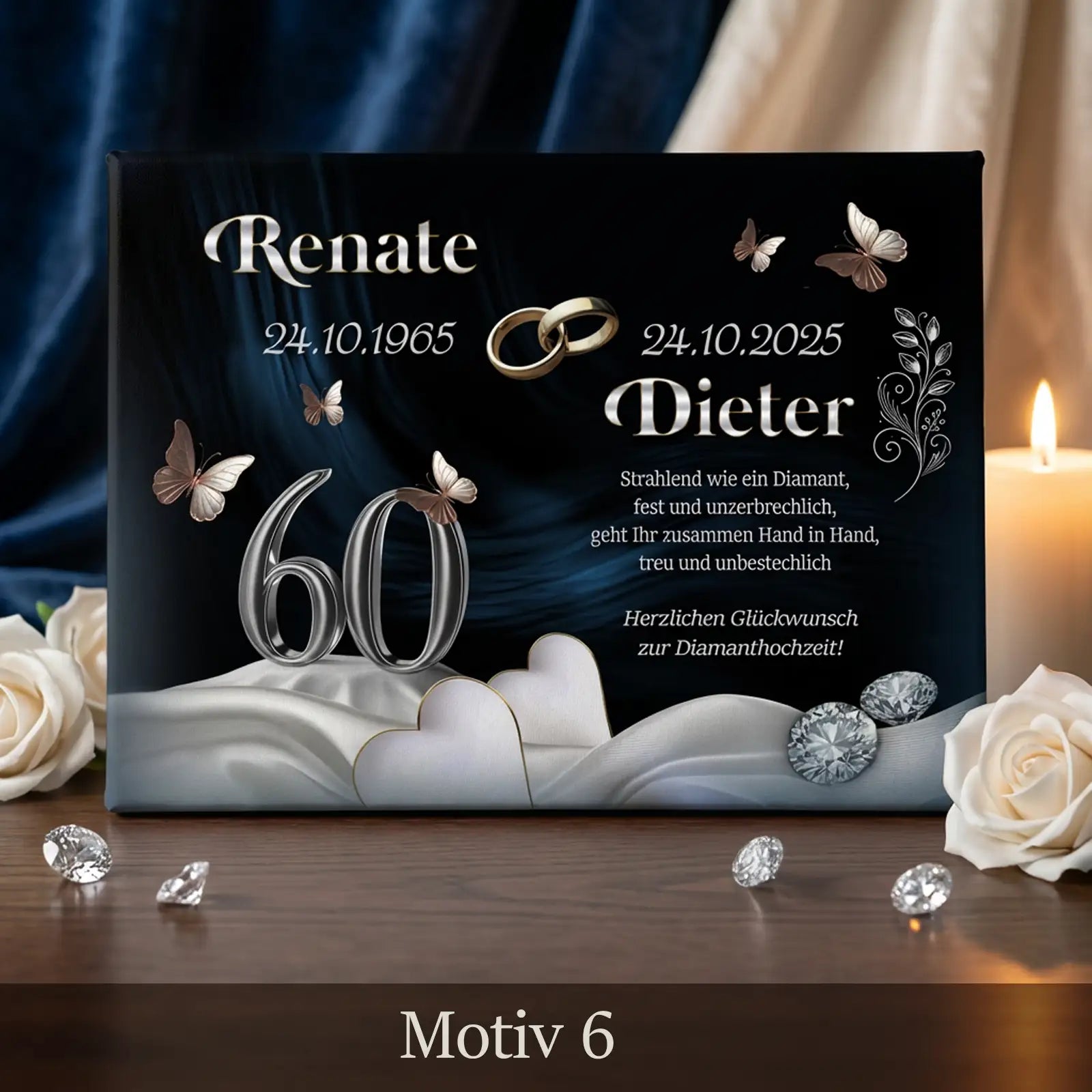 Personalisierte Leinwand als Geschenk zur Diamanthochzeit mit eleganter 60-Gestaltung, Namen Renate und Dieter, 60 Jahre Ehe in edlem Design. zum 60. Hochzeitstag