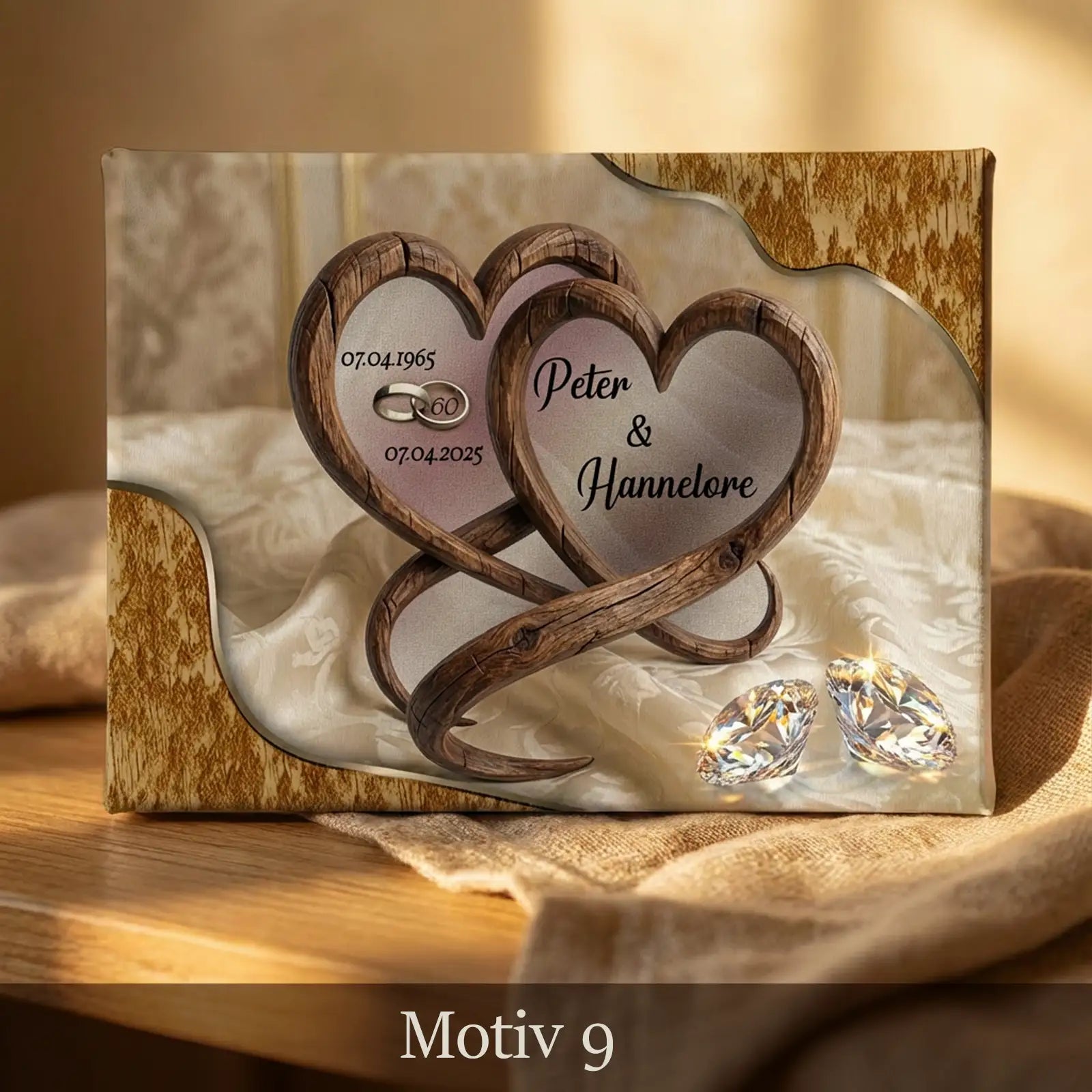 Personalisierte Leinwand als Geschenk zur Diamanthochzeit, im rustikalen Stil mit ineinander verschlungenen Herzen, Namen Peter und Hannelore, exklusiv zum 60. Hochzeitstag.