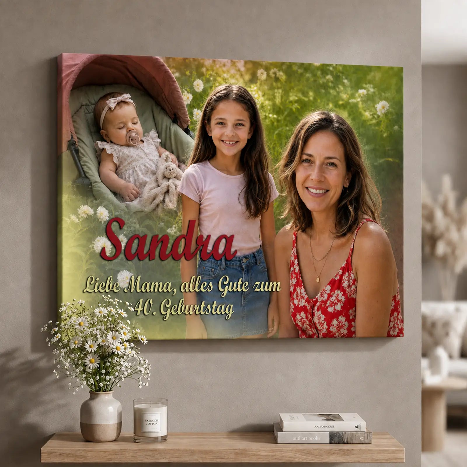 Foto Leinwand zum Geburtstag mit Fotos aus der Kindheit und heute. Besonderes Geschenk zu jedem Geburtstag. Personalisierte Fotoleinwand zum 40. Geburtstag für Mama mit Kinderfotos und dem Namen Sandra