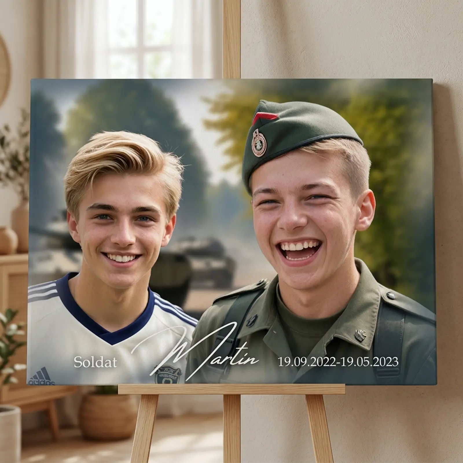 edle Leinwand als personalisiertes Geschenk mit Foto und Namen für die Einberfung zum Wehrdienst, einzigartig gestaltet für einen besonderen Moment