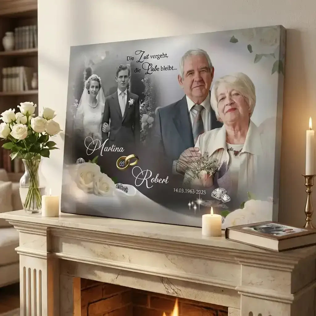 Geschenk zur Eisernen Hochzeit – personalisierte Leinwand mit Foto von Robert und Martina.