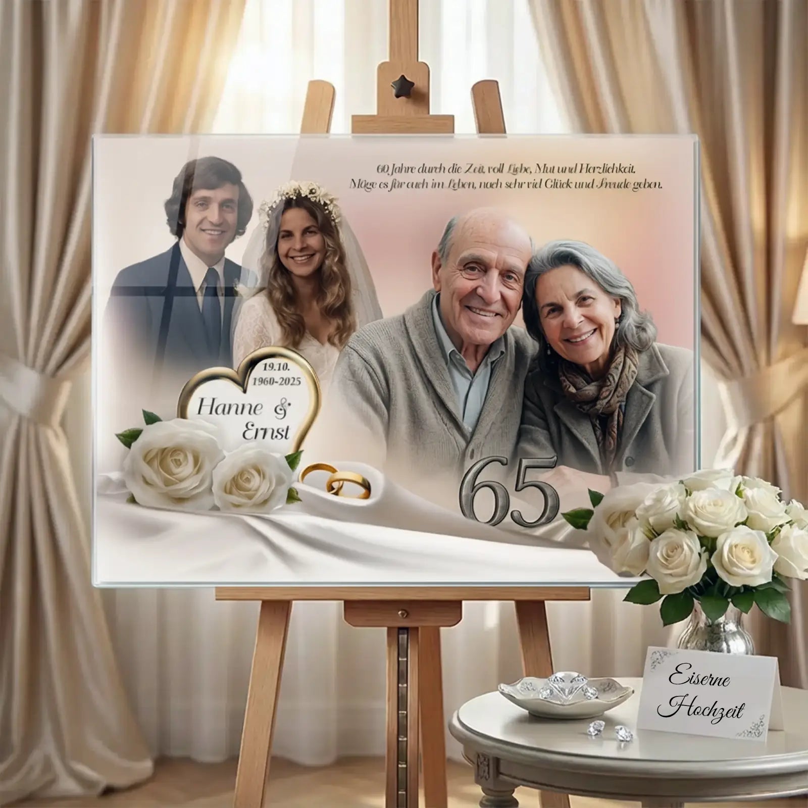 Geschenk zur Eisernen Hochzeit mit Foto – Acrylglasbild mit Collage eines Ehepaares und Hochzeitsfoto zum 65. Hochzeitstag stilvoll auf Staffelei präsentiert
