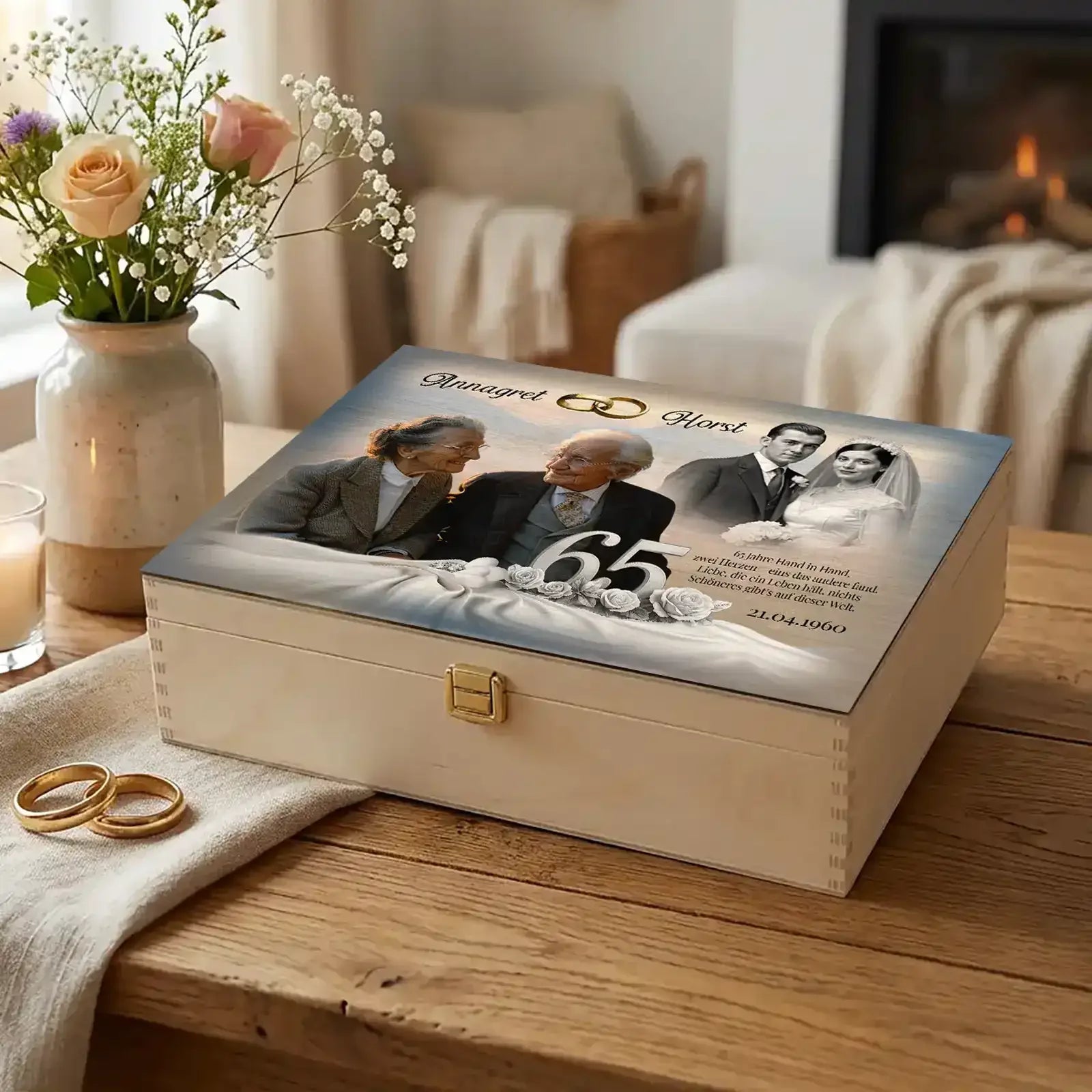 Geschenk zur Eisernen Hochzeit - personalisierte Holzbox mit Foto von damals und heute zum 65. Hochzeitstag. Annagret und Horst
