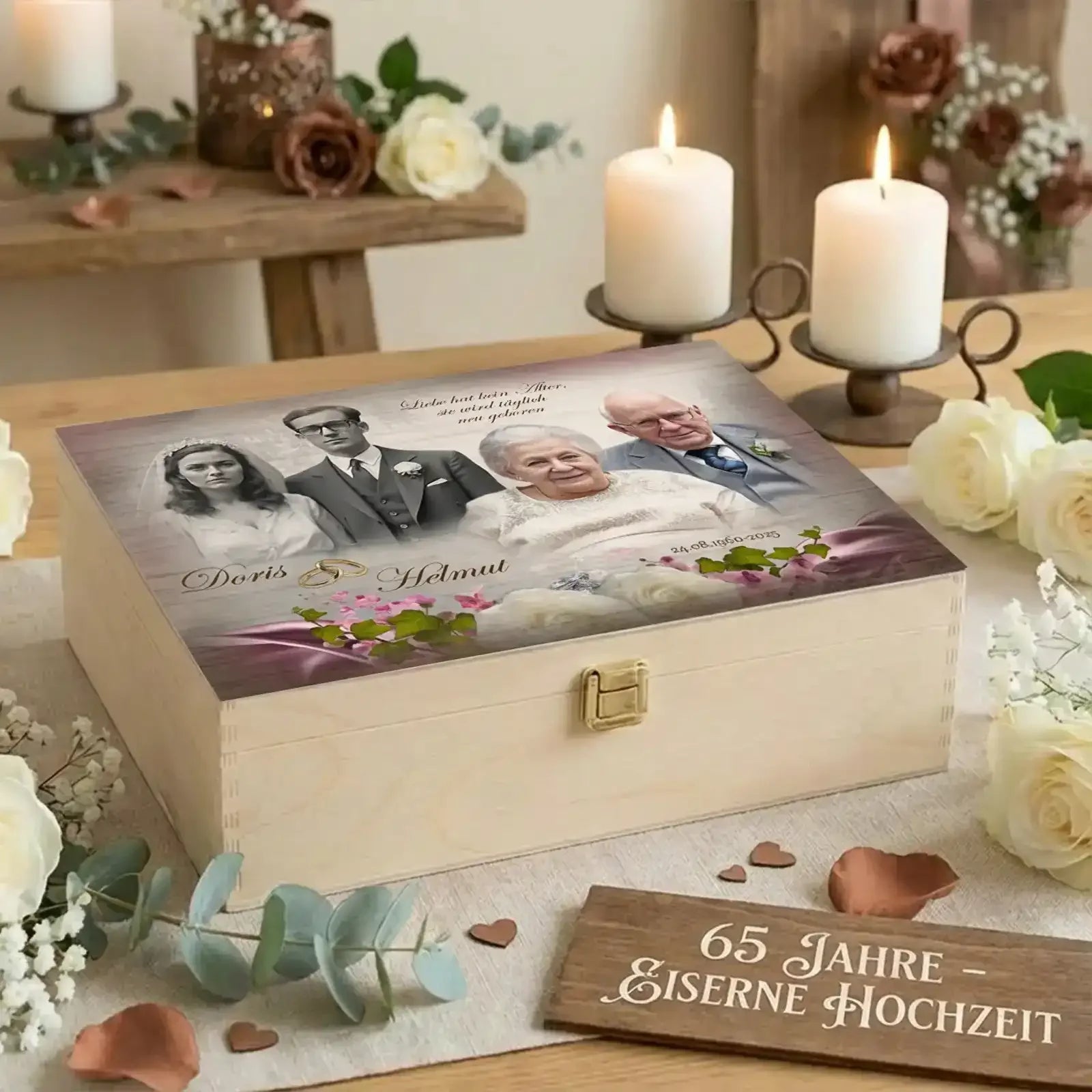 Geschenk zur Eisernen Hochzeit - personalisierte Holzbox mit Foto von damals und heute zum 65. Hochzeitstag. Doris und Helmut