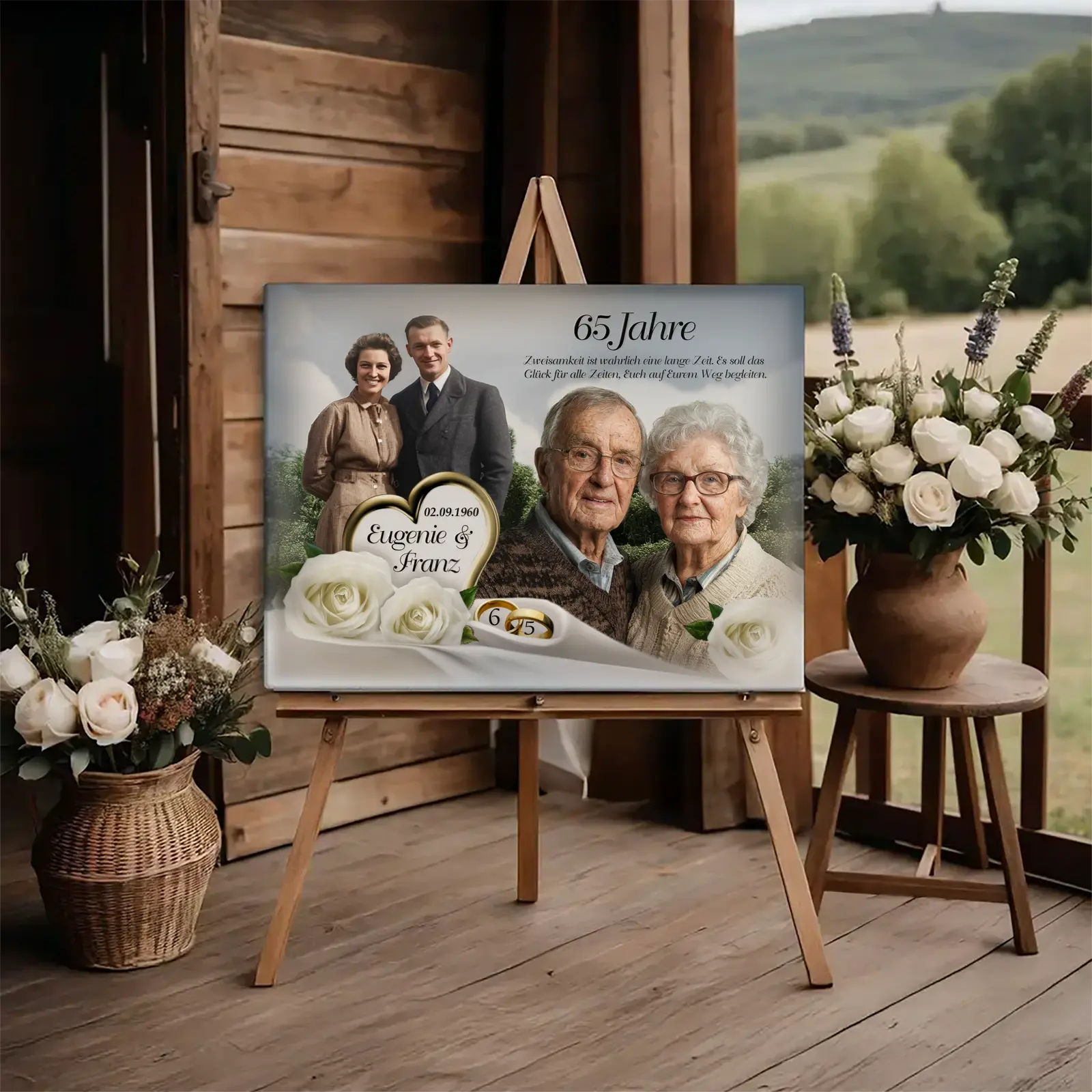Geschenk zur Eisernen Hochzeit – personalisierte Leinwand mit Foto für 65 Jahre Liebe und Erinnerungen.