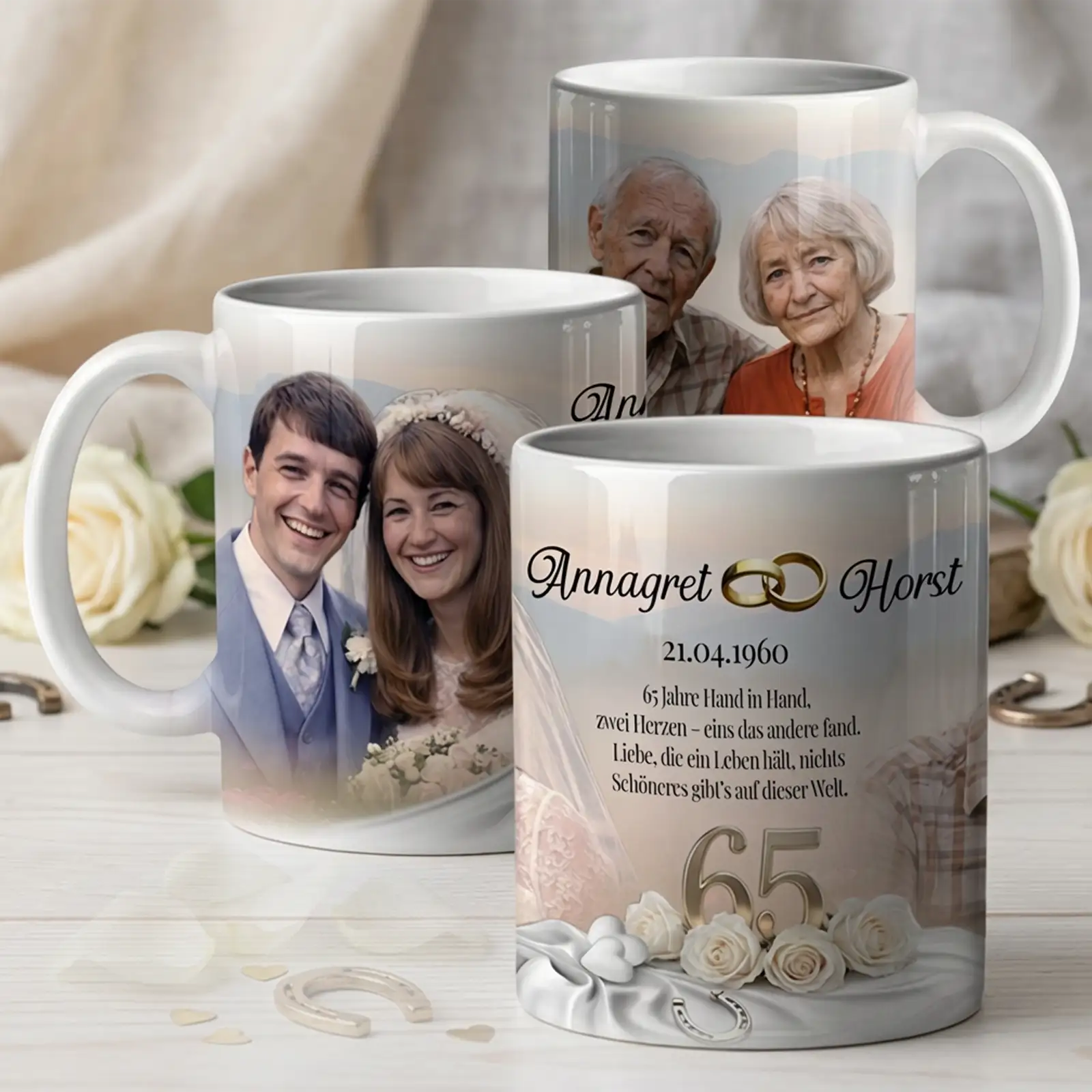 Geschenk zur Eisernen Hochzeit. Tasse mit Foto und Namen des Paares zum 65. Hochzeitstag - Annagret und Horst