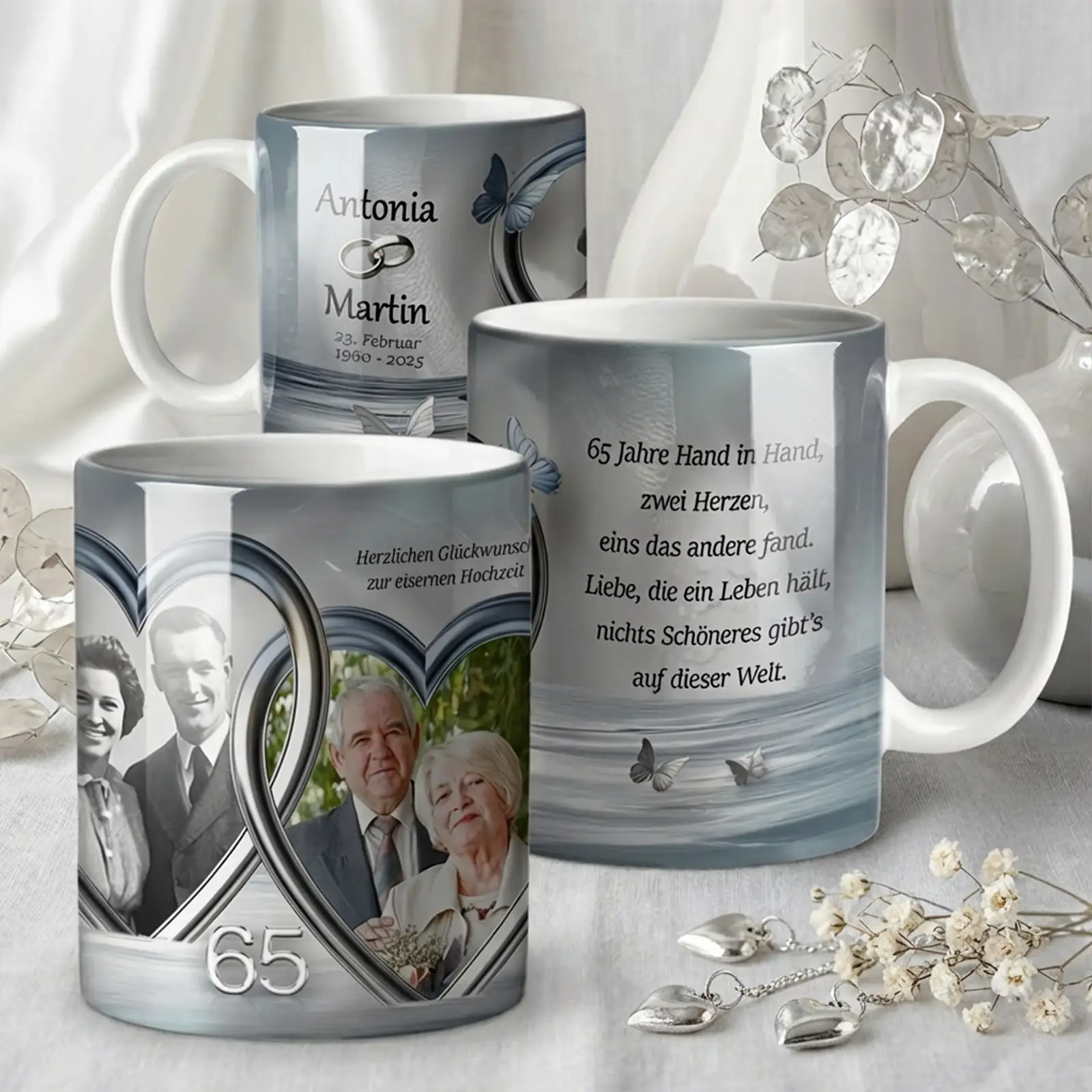 Geschenk zur Eisernen Hochzeit. Tasse mit Foto und Namen des Paares zum 65. Hochzeitstag - Antonia und Martin