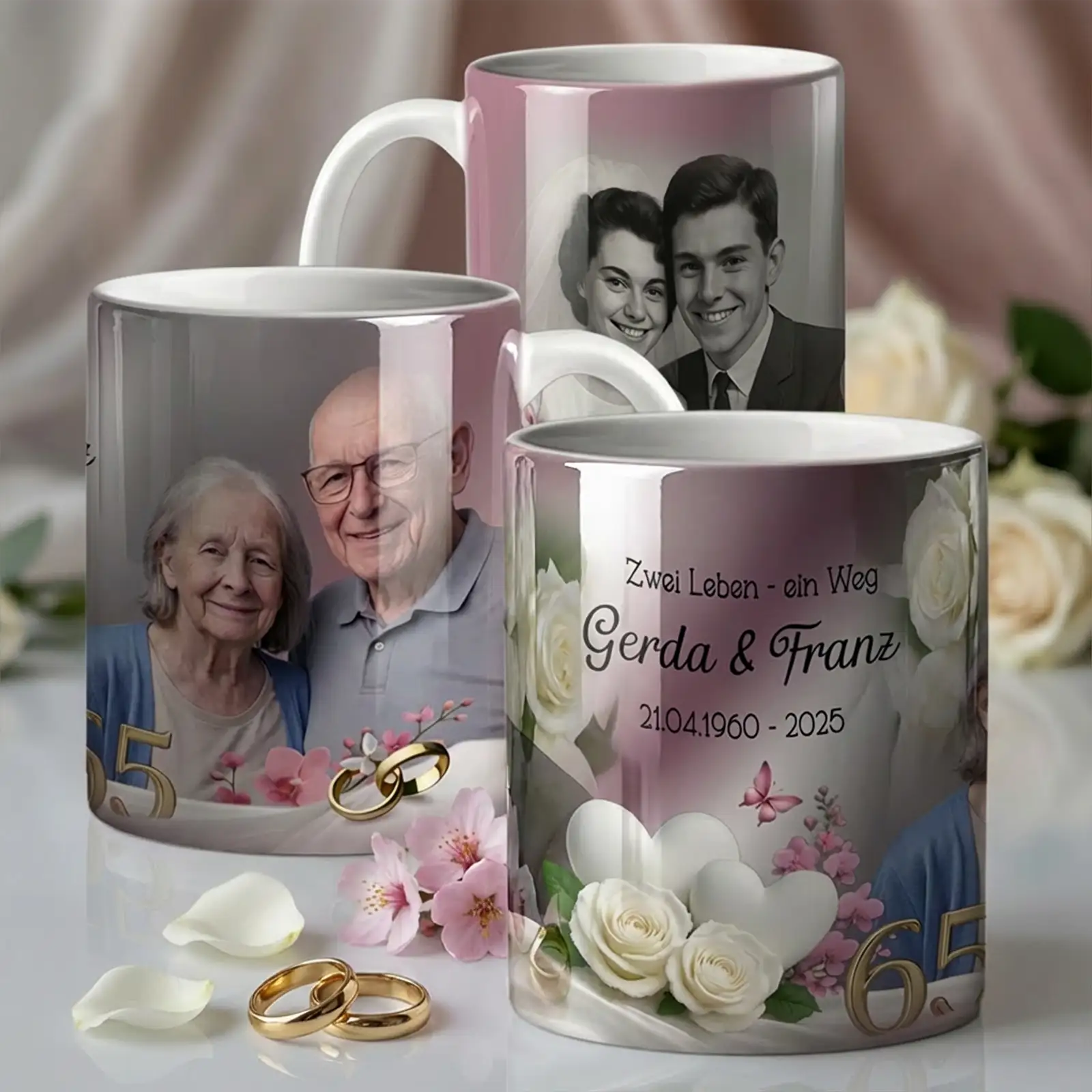 Geschenk zur Eisernen Hochzeit. Tasse mit Foto und Namen des Paares zum 65. Hochzeitstag - Gerda und Franz