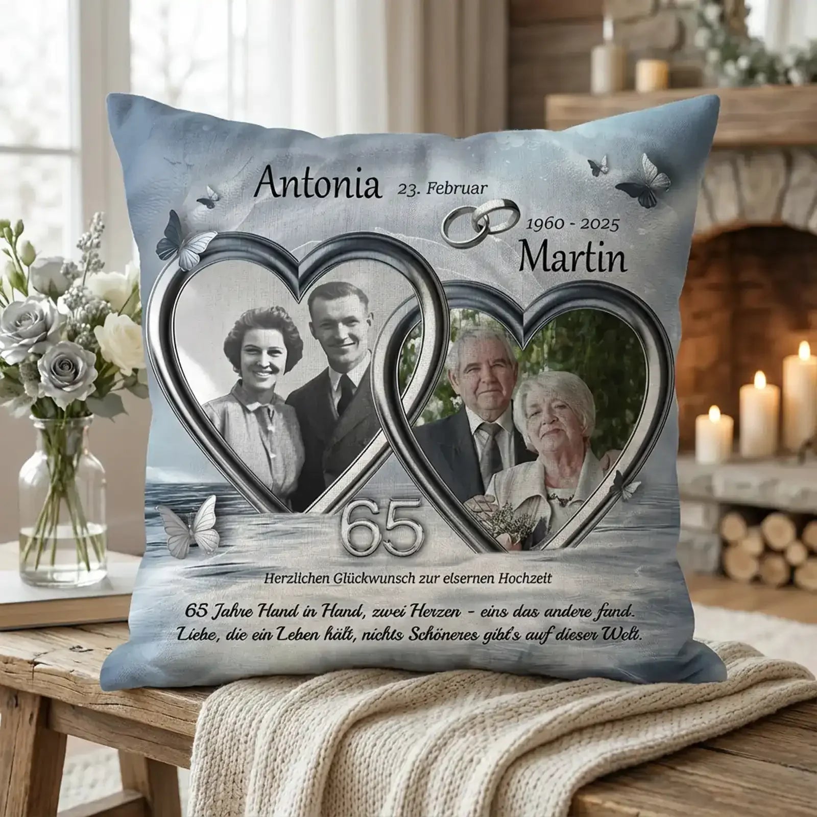 Geschenk zur Eisernen Hochzeit - Kissen mit damals und heute Foto zum 65. Hochzeitstag - Antonia und Martin