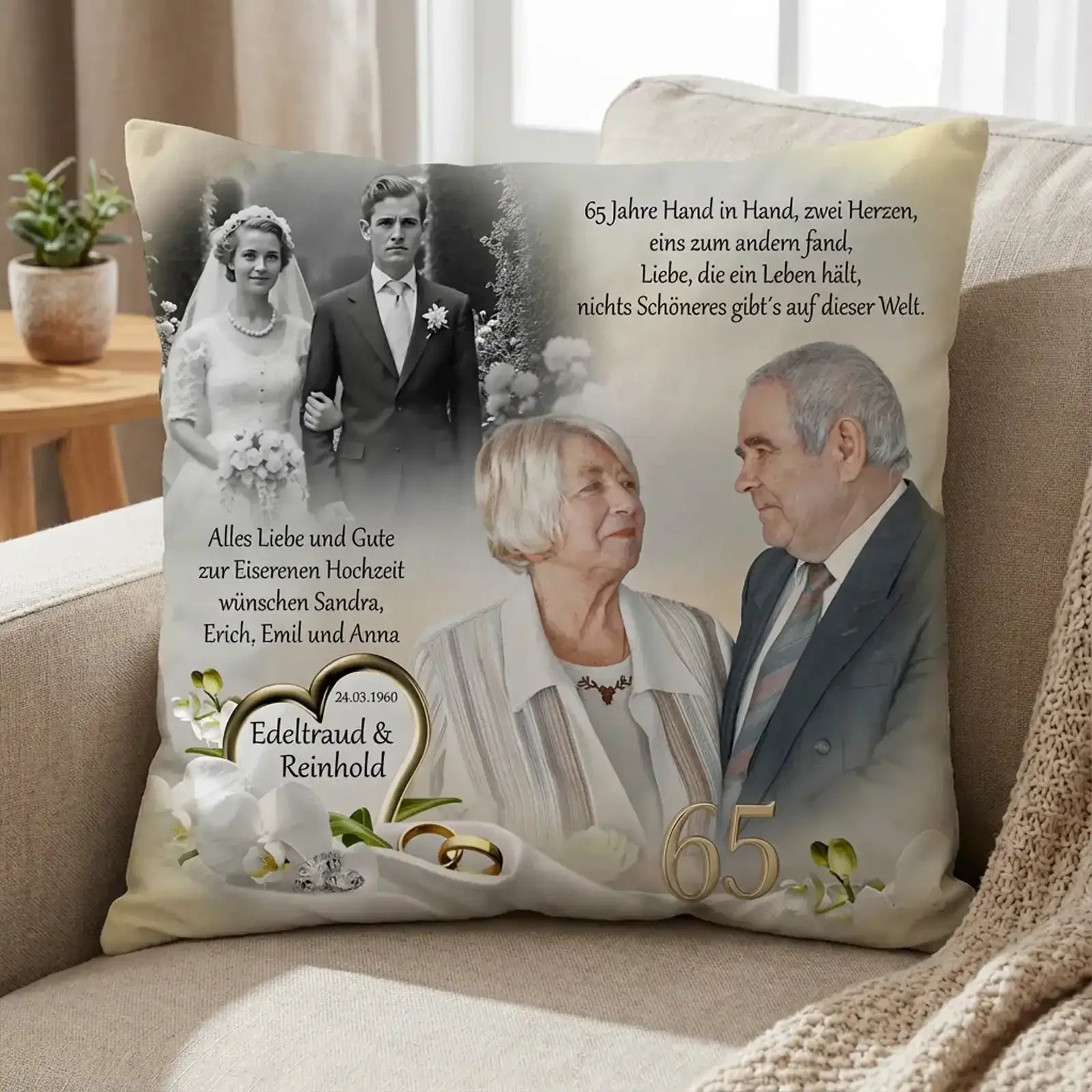 Geschenk zur Eisernen Hochzeit - Kissen mit damals und heute - Edeltraud und Reinhold