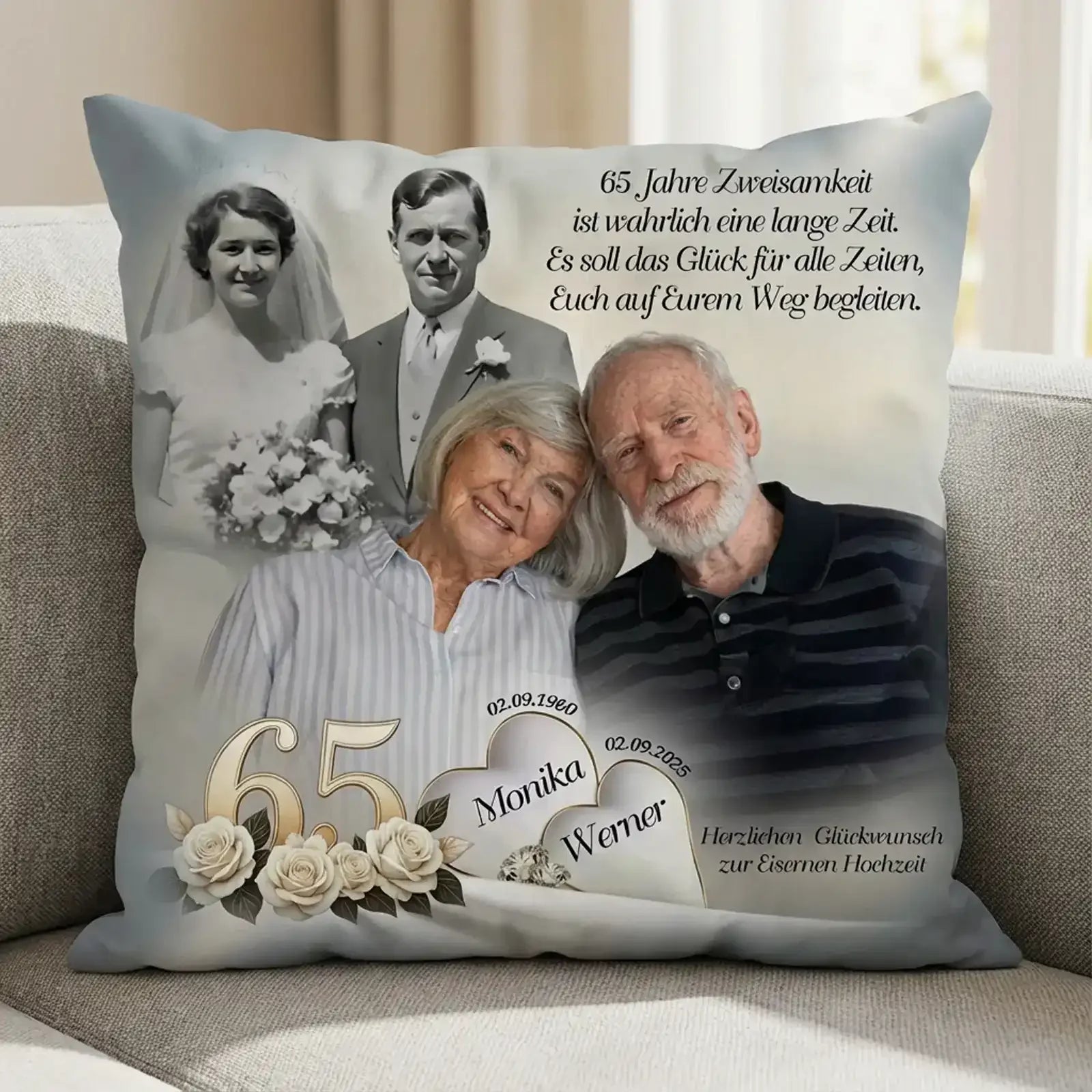 Geschenk zur Eisernen Hochzeit - Kissen mit damals und heute Foto - Monika und Werner2