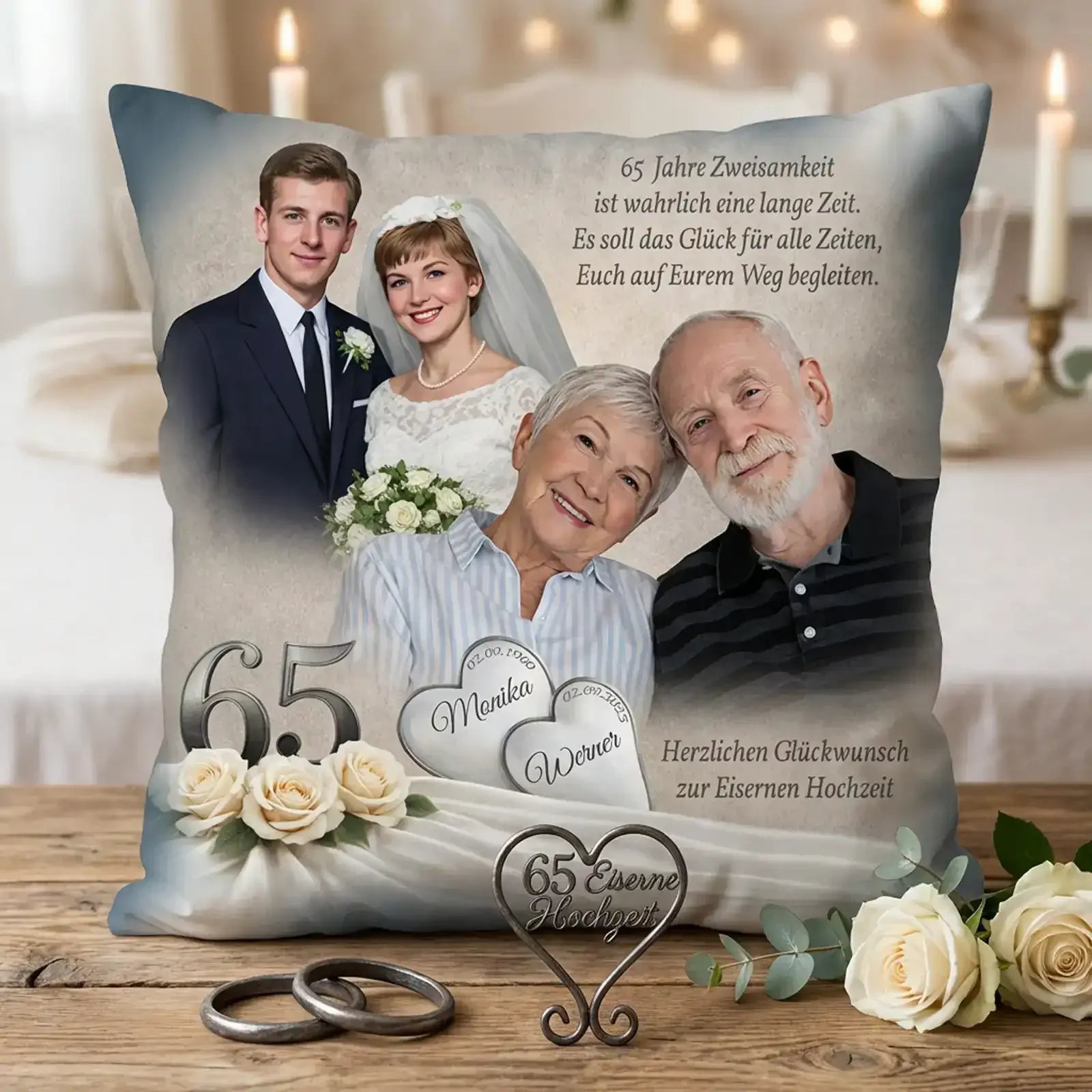 Geschenk zur Eisernen Hochzeit - Kissen mit damals und heute Foto zum 65. Hochzeitstag - Monika und Werner