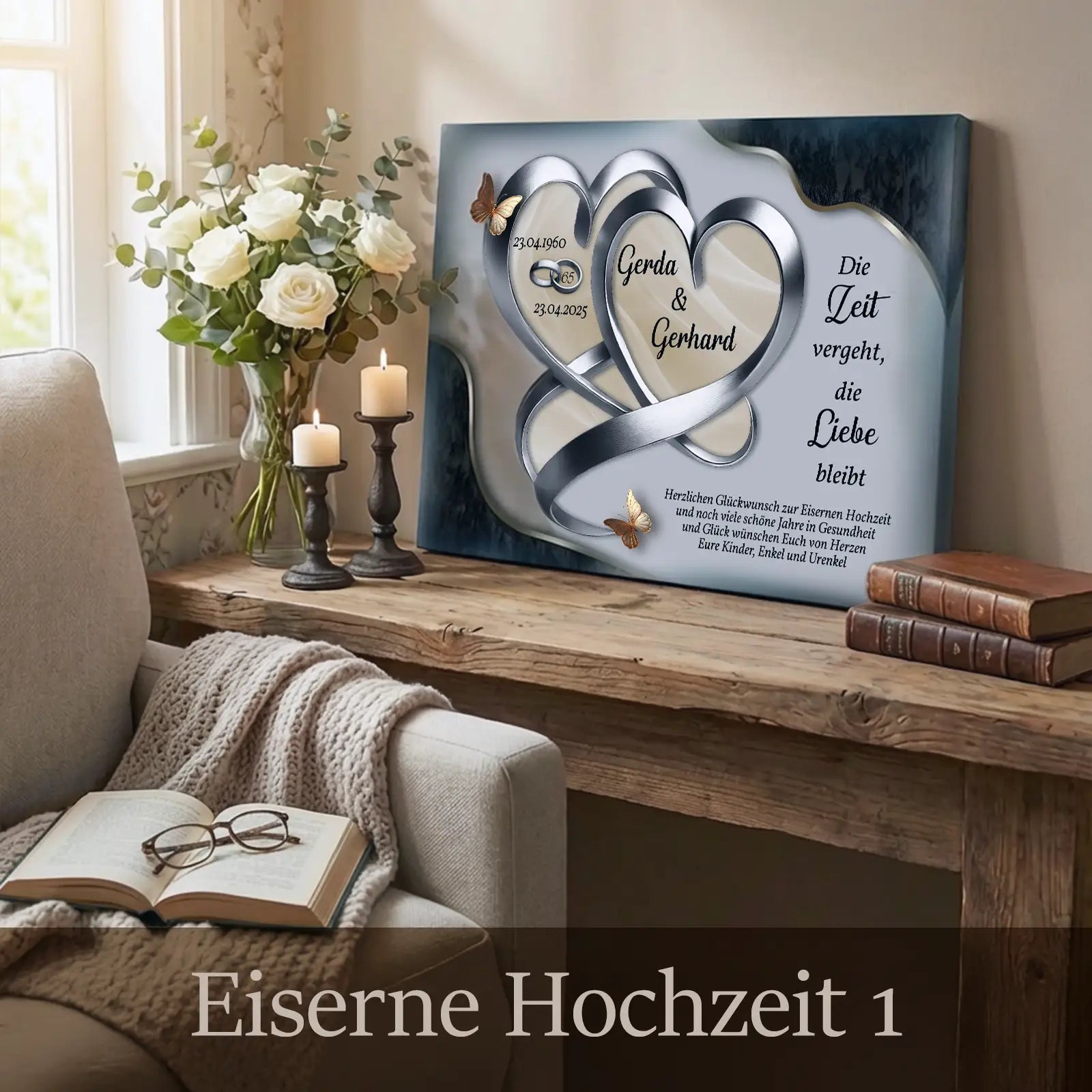 Geschenk zur Eisernen Hochzeit - Personalisierte Leinwand zum 65. Hochzeitstag- Motiv1