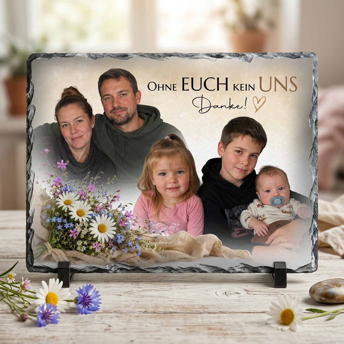 Personalisierte Schieferplatte als Familiengeschenk für Eltern und Großeltern mit Kinderfotos und Spruch Ohne Euch kein Uns Danke, bedruckt auf Naturschiefer mit Bruchkante und Standfüßen als Dankeschön-Geschenkidee