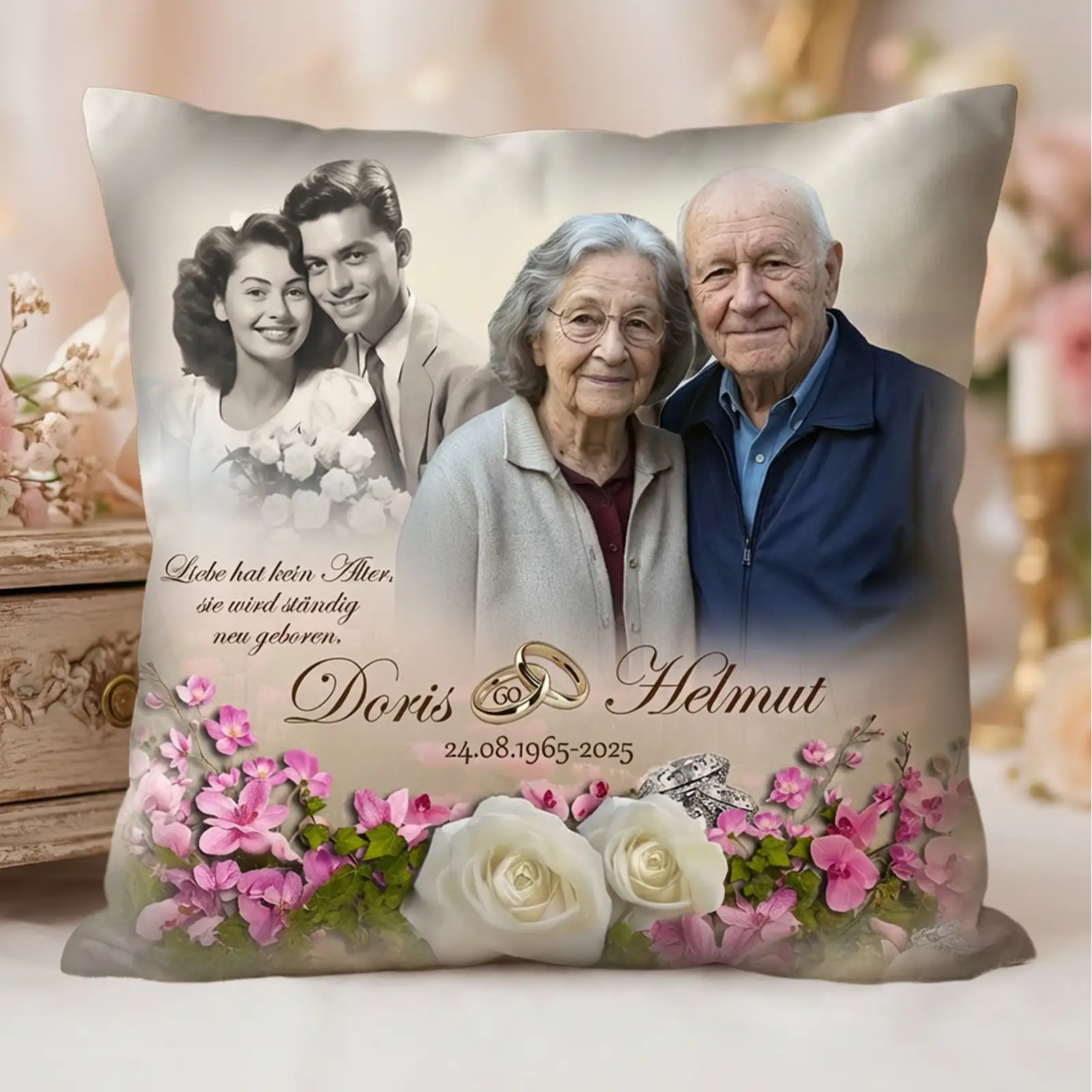 Geschenk zur Diamanthochzeit: Personalisiertes Kissen mit Foto und Namen zum 60. Hochzeitstag.