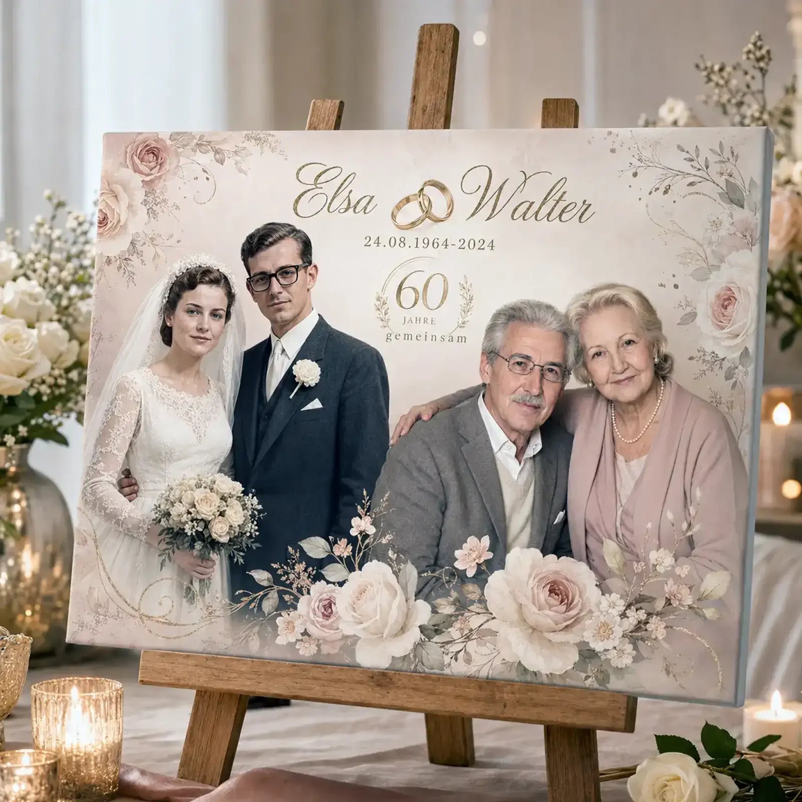 Personalisierte Leinwand zur Diamantenen Hochzeit. Romantisches und persönliches Geschenk zum 60. Hochzeitstag mit Foto von damals und heute, Namen und Datum.