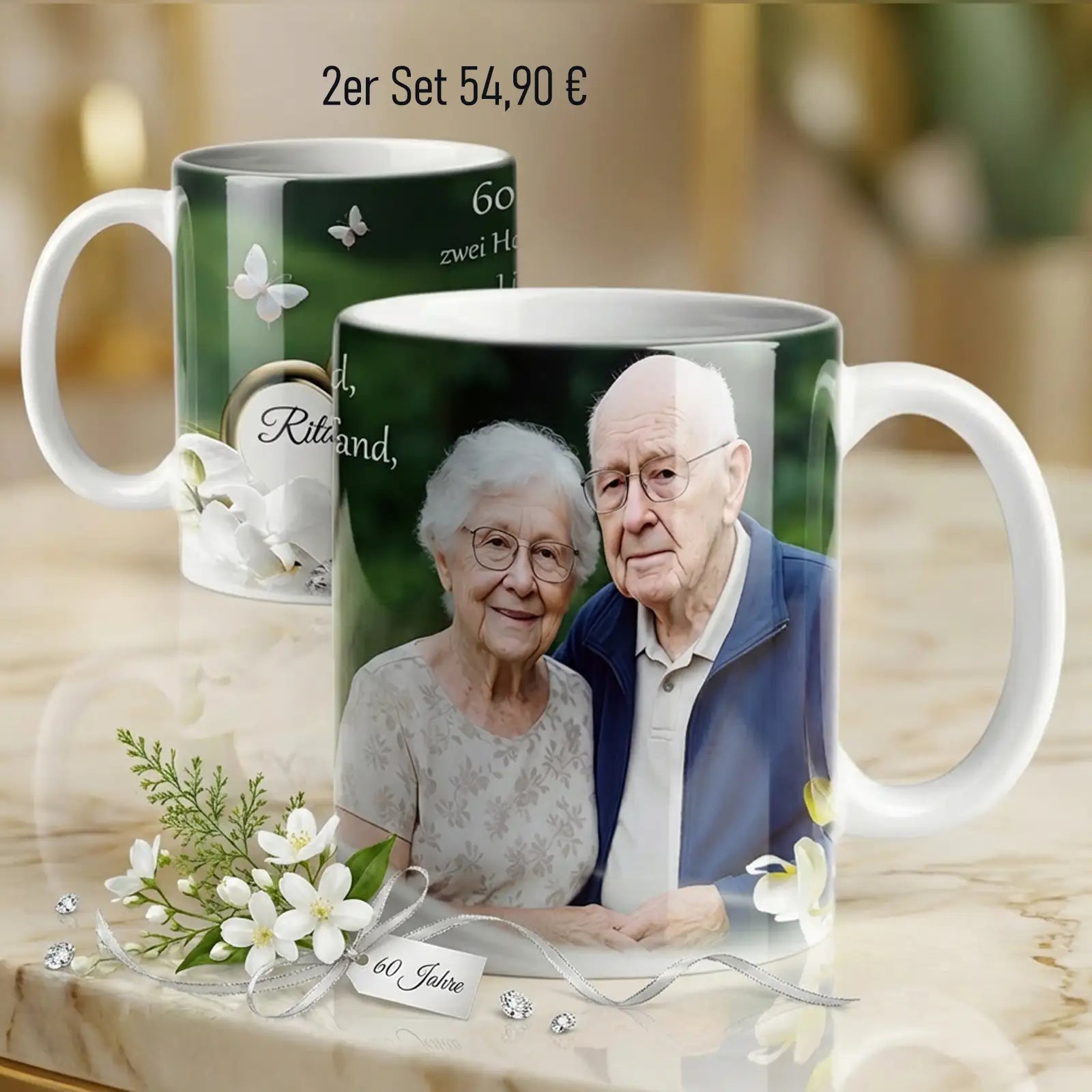 Außergewöhnliches Geschenk zur Diamanthochzeit. Personalisierte Tasse mit eigenen Fotos und Text als einzigartiges Geschenk zum 60. Hochzeitstag