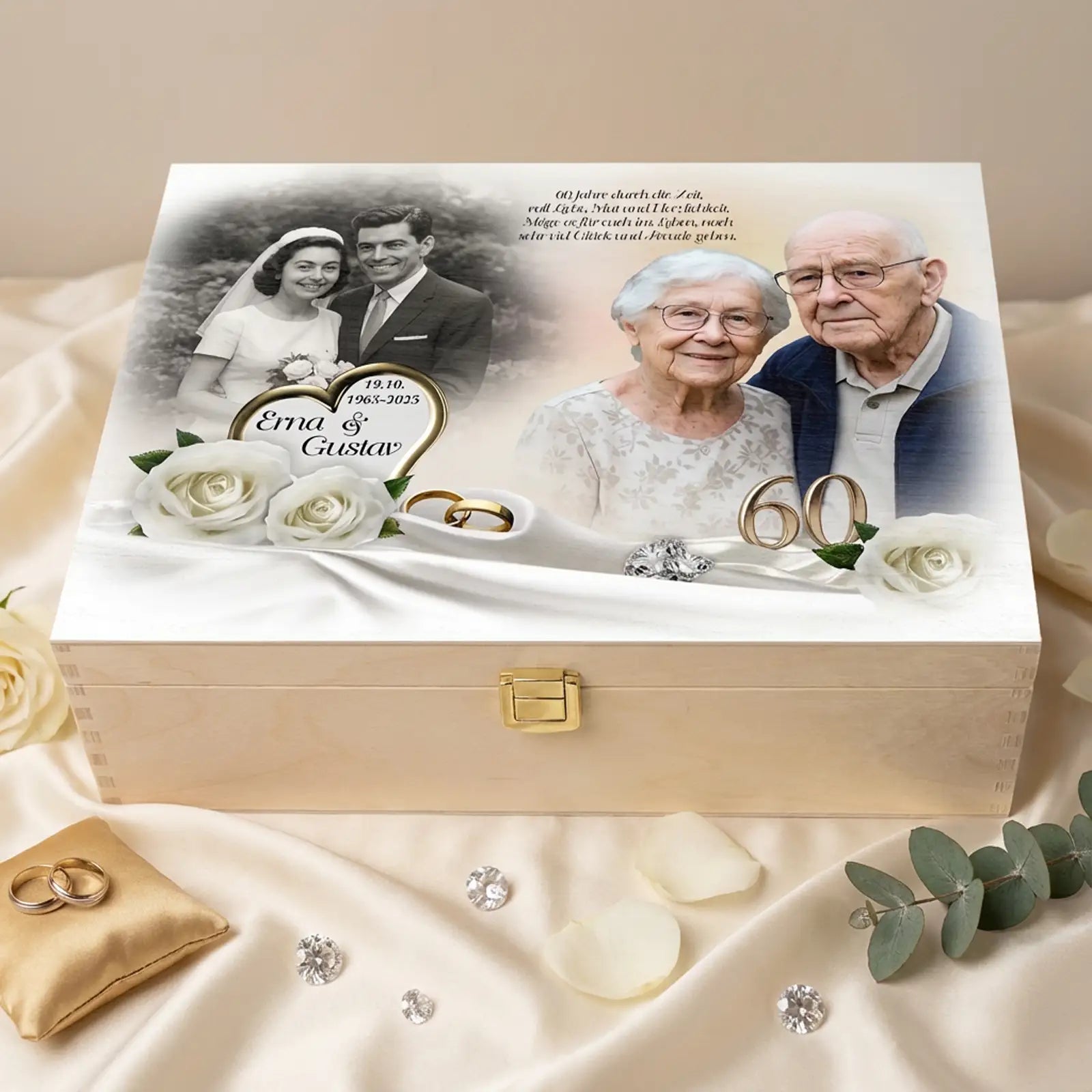 Geschenk zur Diamantenen Hochzeit: Personalisierte Holzbox mit Fotos von damals und heute sowie Namen und individuellem Text zum 60. Hochzeitstag